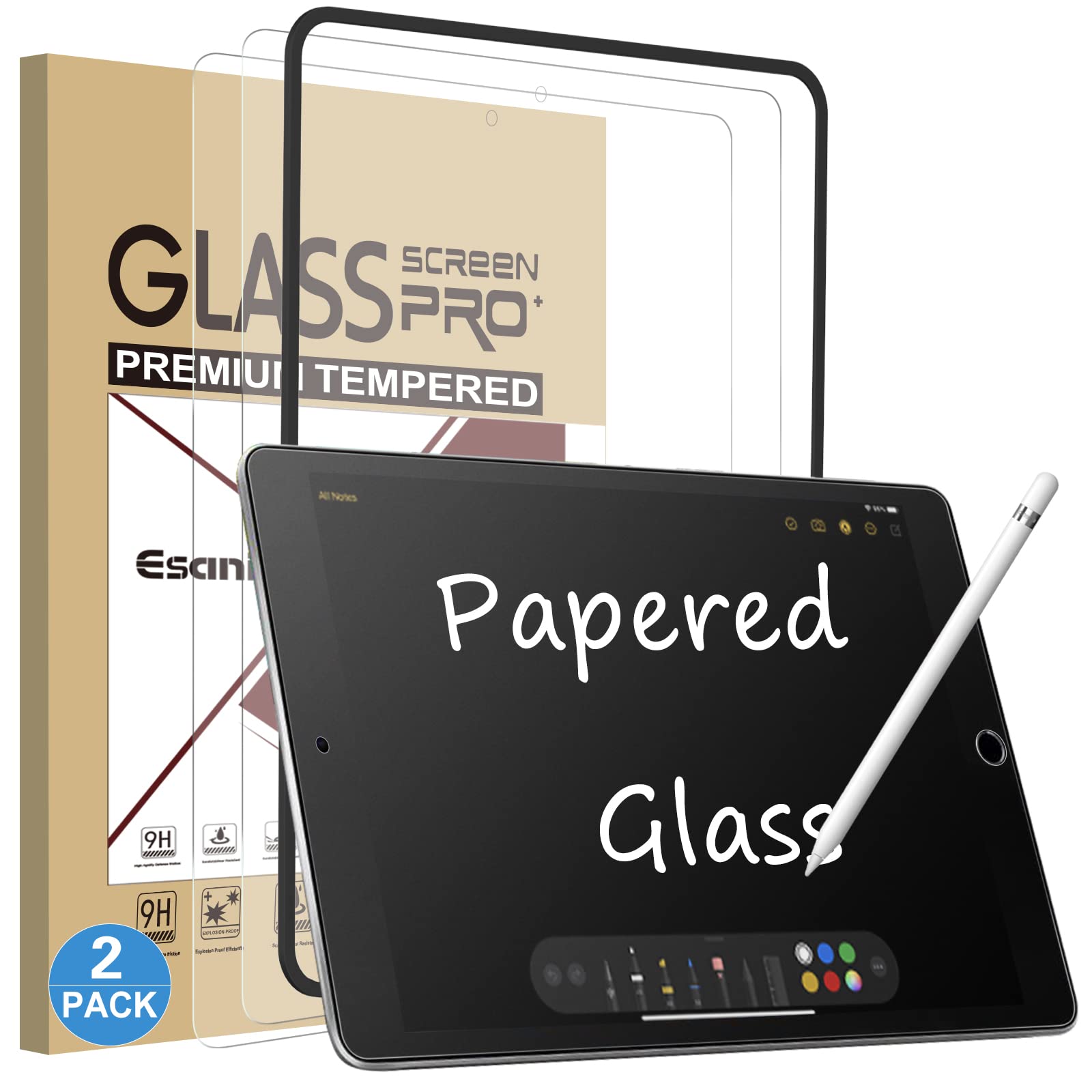 Esanik 2 Pack Like Paper Glass Screen Protector For Ipad 9Th/8Th/7Th Generation (10.2 Inch 2021/2020/2019) Tempered Glass 9H Pap