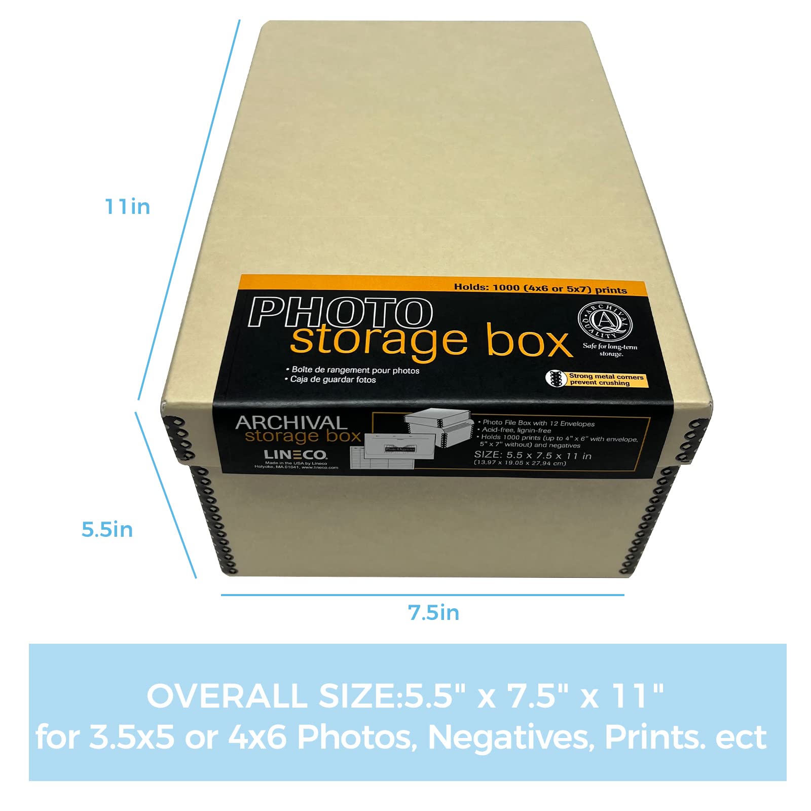 Lineco Infinity 4X6 Photo File Box, With 12 Acid Free Envelopes, Holds Up To 1000 3.5' X 5', Or 4' X 6' Photos, Preserveing And Organzing Photos Documents. Metal Edges, Acid And Lignin Free. Tan