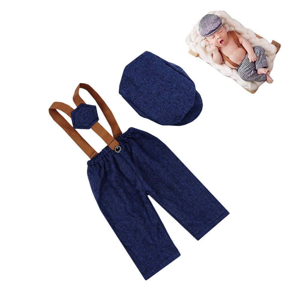 Coberllus Newborn Monthly Baby Photo Props Stripe Checked Fabric Flat Cap Newsboy Cap & Suspender Pants Romper For Photography O