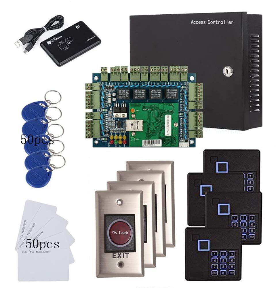 Mengqi Control 4 Doors Security Access Control System With Rfid Card Fob Keypad Reader+Infrared Exit Button+Metal 110V 240V Power Box+Usb Enroll Reader+Tcp/Ip Based Phone App Remotely Open Door