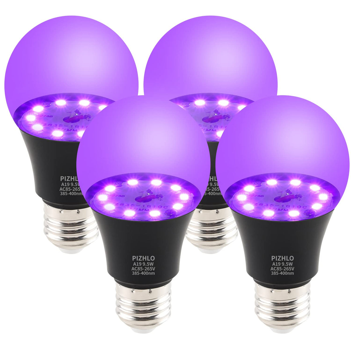 Pizhlo 4 Pack 9.5W Led Black Light Bulb, A19 E26 Black Shell Blacklight Led Bulb, 385 400Nm, Glow In The Dark For Blacklight Par