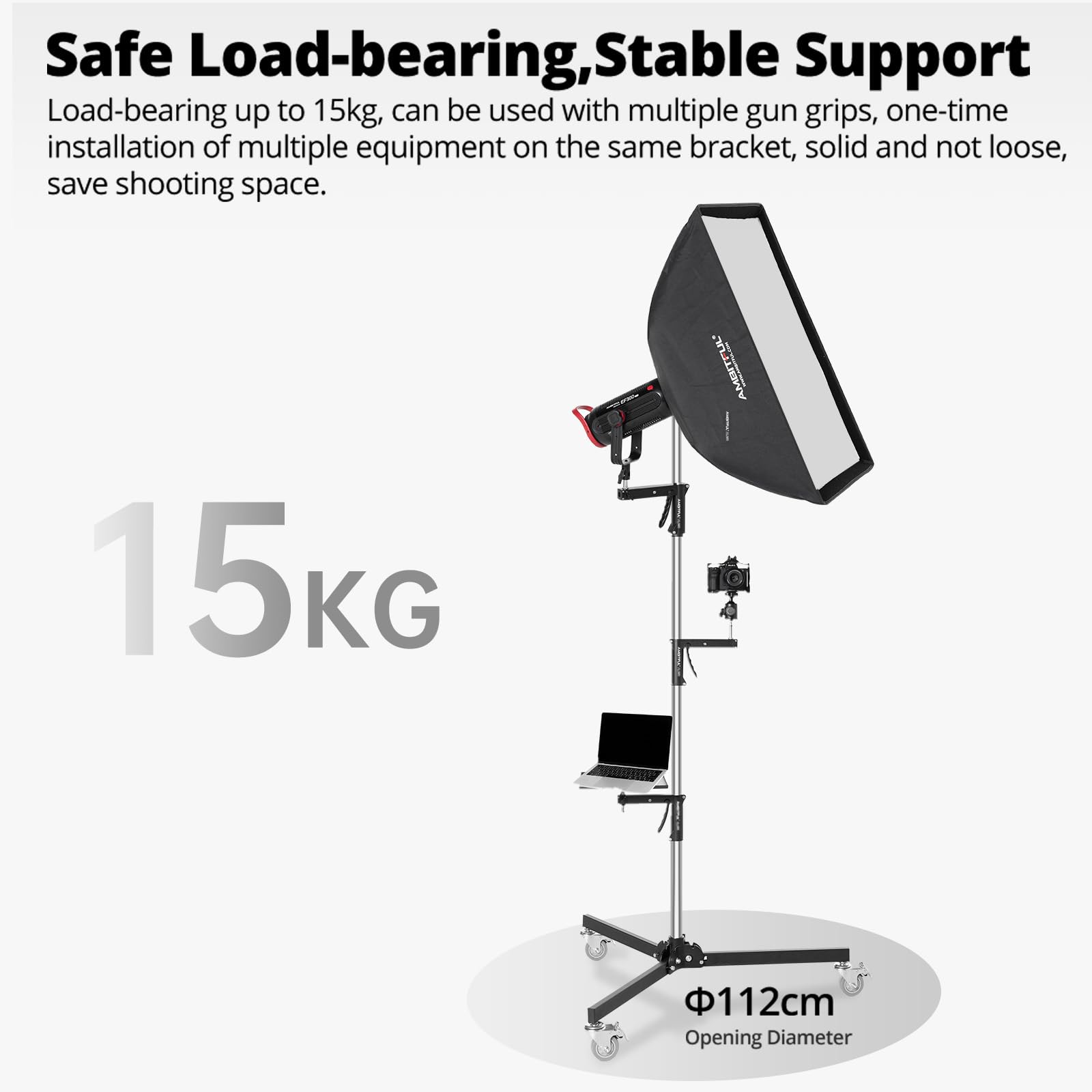 Ambitful Al250 Steel Wheeled Mobile Heavy Duty Light Stand For Photography W/Sliding Grip Arm & Chrome-Plated Column Stand, Maxs