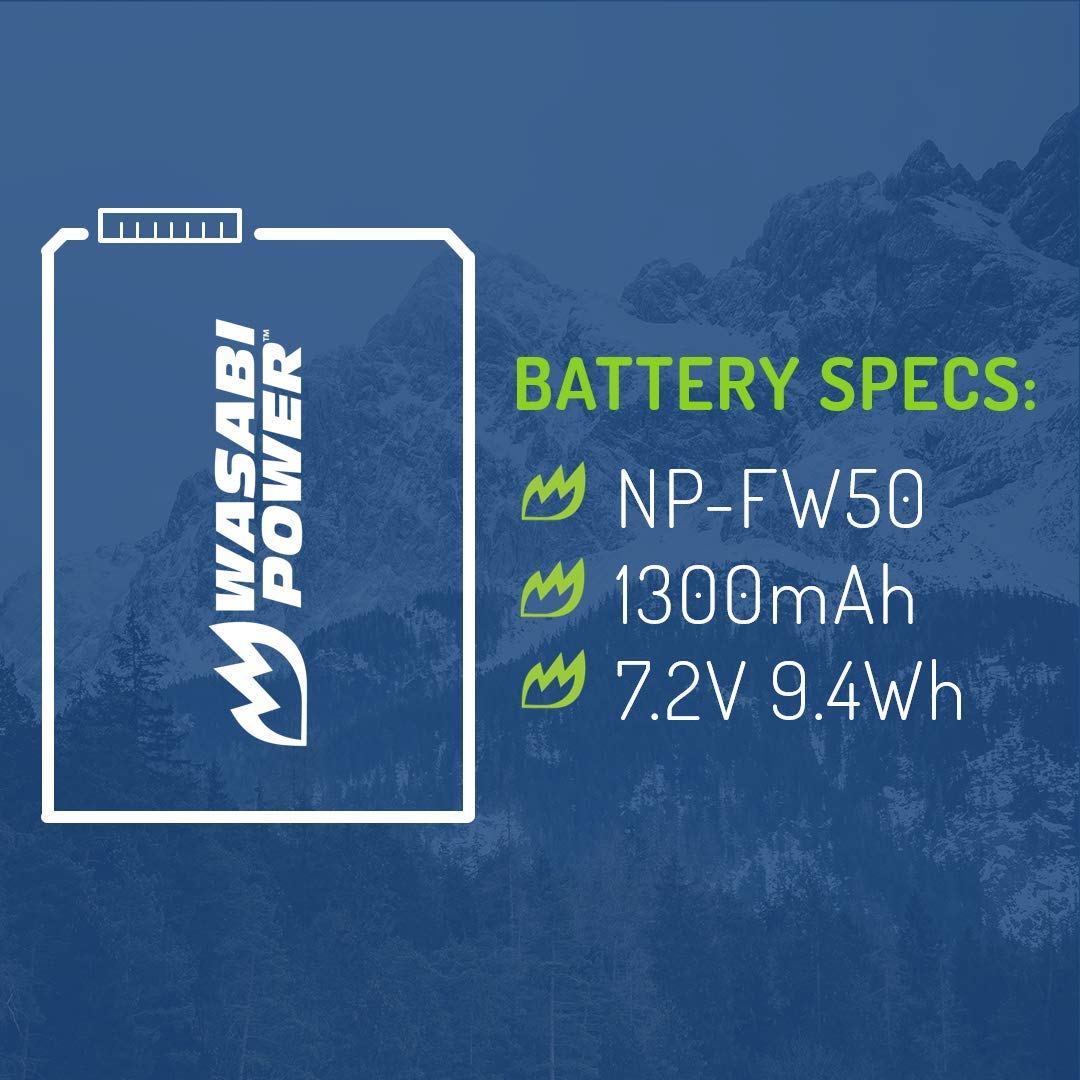 Np Fw50 Wasabi Power Camera Battery (2 Pack) For Sony Zv E10, Alpha A5100, A6000, A6300, A6400, A6500, Alpha A7, A7 Ii, A7R, A7R