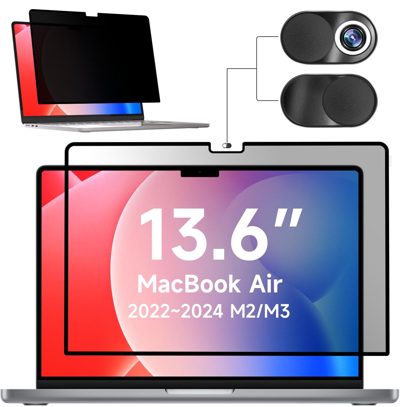 Mamol Privacy Screen For Macbook Air 13.6 Inch (2022 2024, M2, M3)   A2681, A3113, Magicsuction Removable Vacuum Adsorption Anti