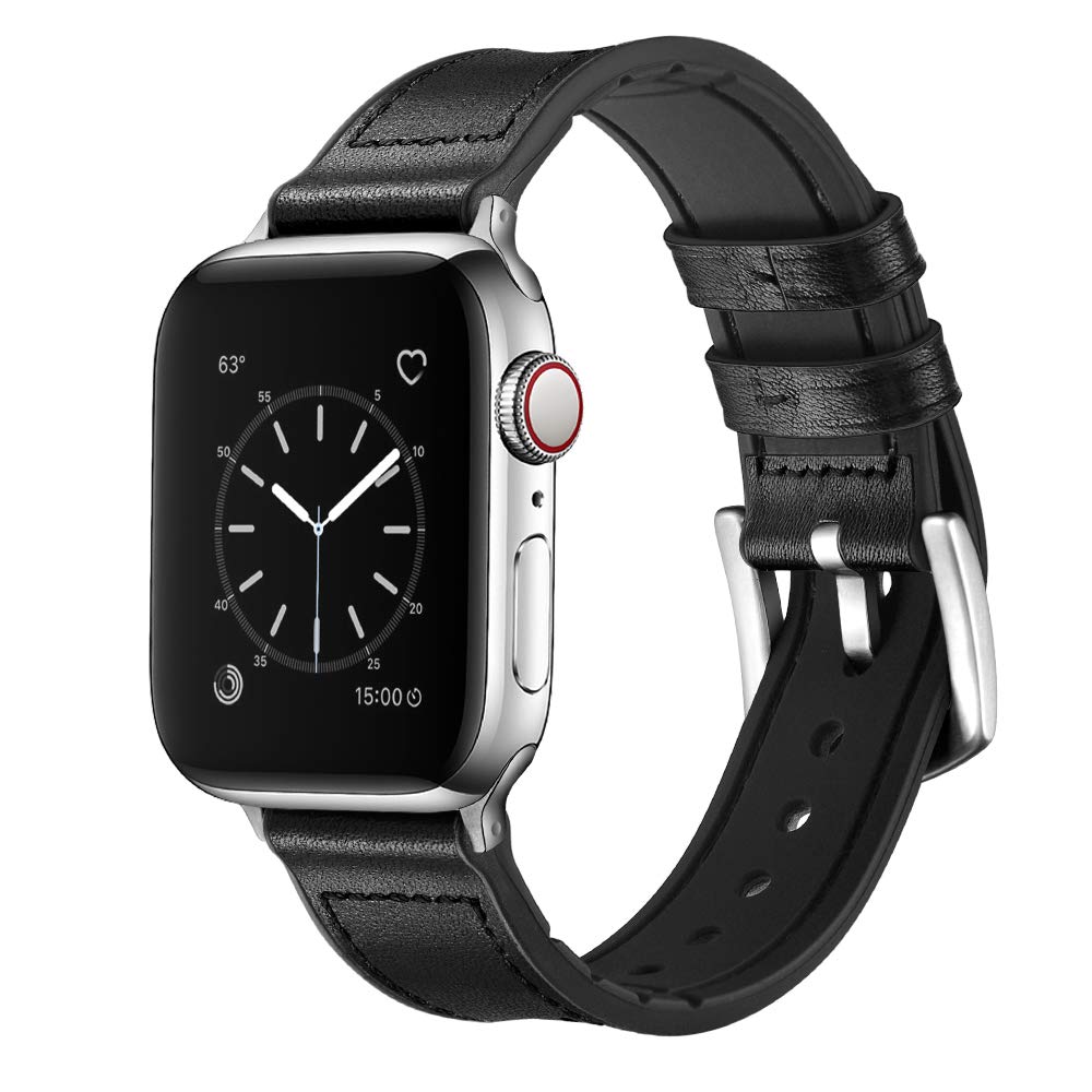 Ouheng Compatible With Apple Watch Band 42Mm 41Mm 40Mm 38Mm, Sweatproof Genuine Leather And Rubber Hybrid Band Strap For Iwatch