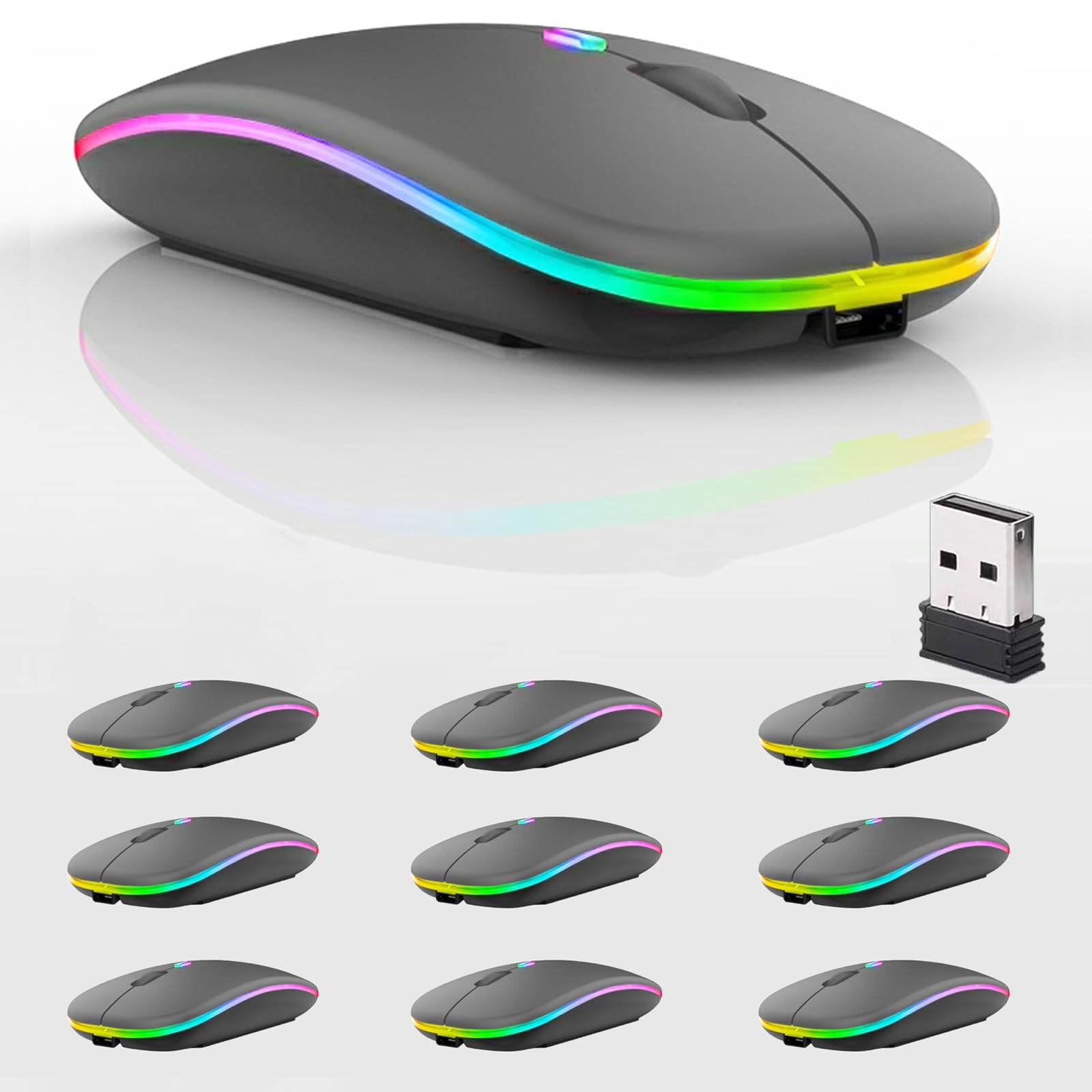 Guiheng 10 Pack Wireless Bluetooth Mouse,Led Dual Mode Rechargeable Silent Slim Laptop Mouse,Portable(Bt5.2+Usb Receiver) Dual M