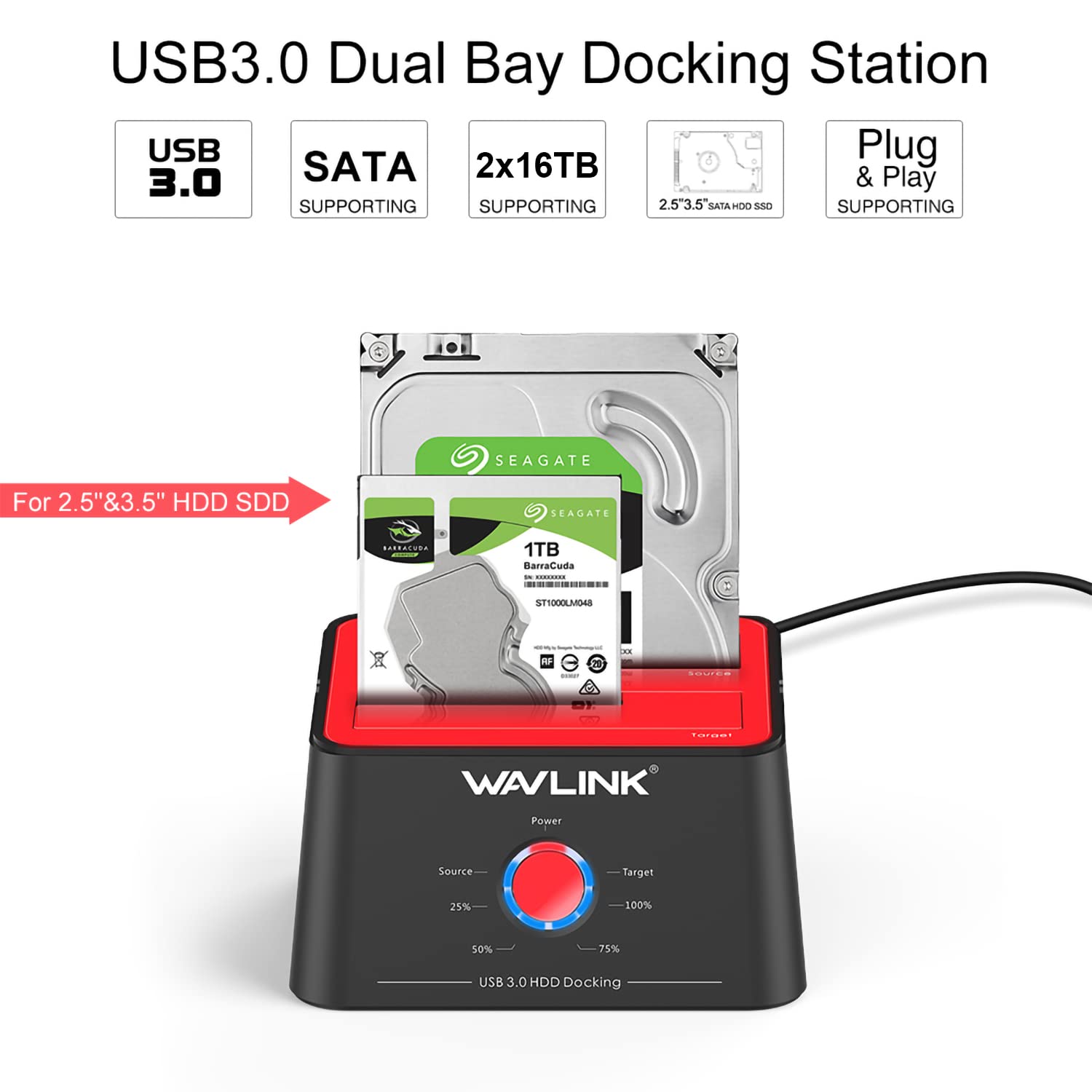 Wavlink Usb 3.0 To Sata I/Ii/Iii Dual Bay External Hard Drive Enclosure Docking Station, Caddy Reader For 2.5/3.5 Inch Sata Hdd Ssd, 2X16Tb And Uasp Offline Cloner, Disk Duplicator Function  Red