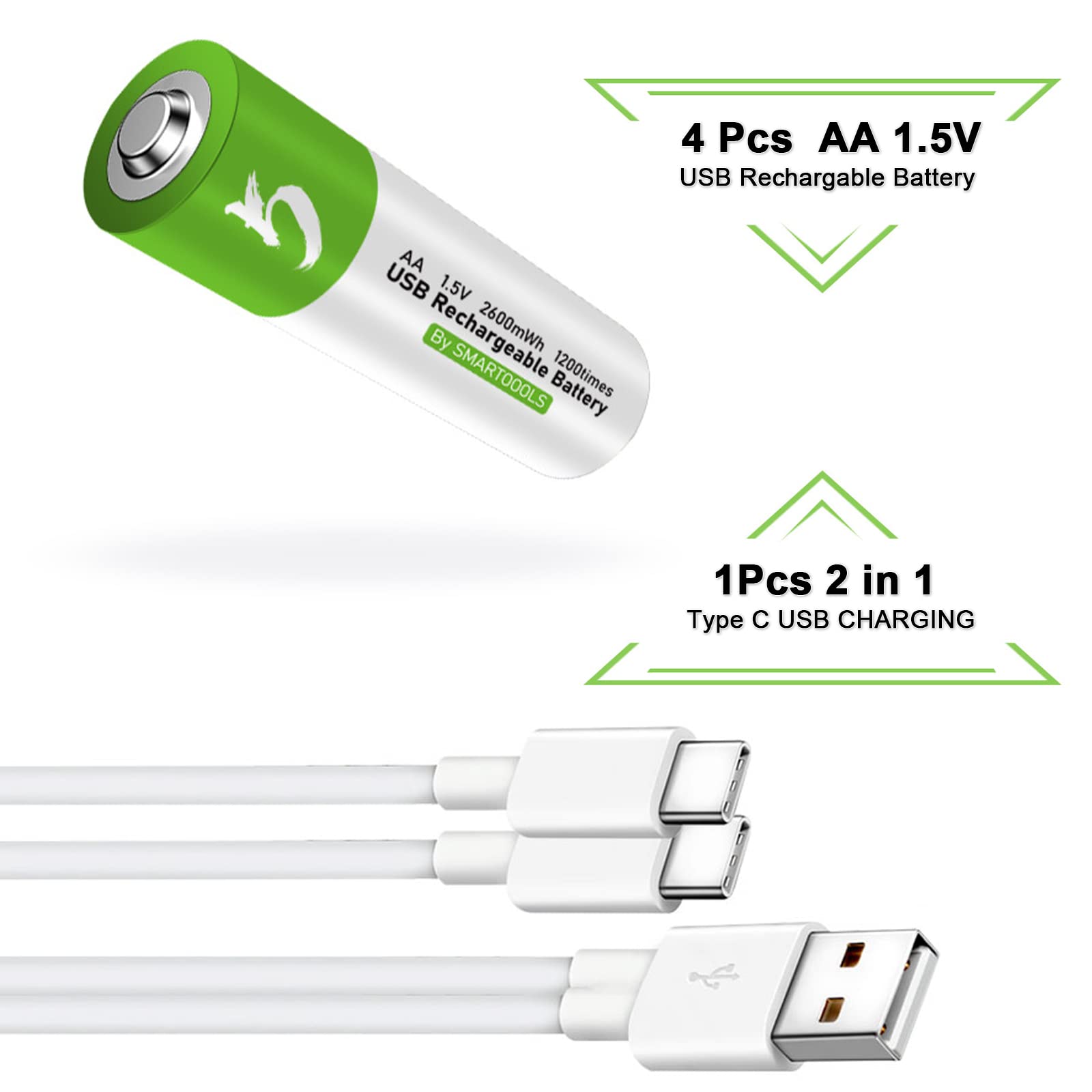Camelcell 4 Pack Aa Batteries, Rechargeable Aa Batteries, 2600Mwh With 4 In 1 Usb Type C Charger Cable Double A Lithium Batterie