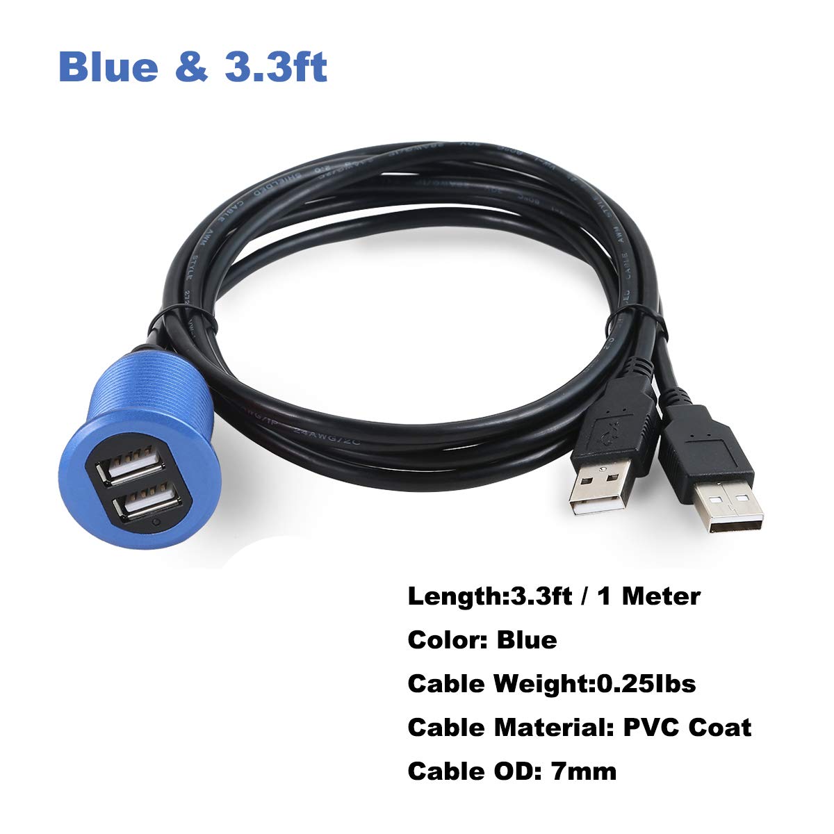 Kework Metal Dual Usb 2.0 Ports Mount With Light, 3.3Ft 2 Ports Usb Male To 2 Ports Female Flush Mount Panel Mount Extension Aux