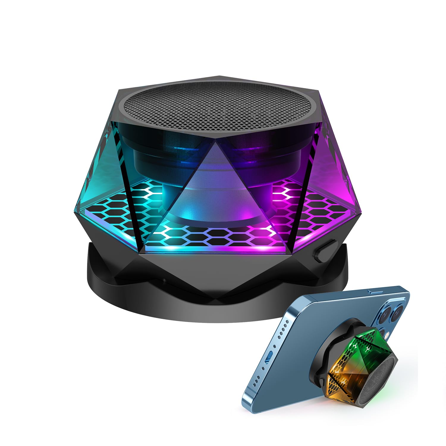 Egkimba Magnetic Diamond Bluetooth Speaker, Small Wireless Speaker With Multi Rgb Color Light Show, Portable Phone Stand For Iph