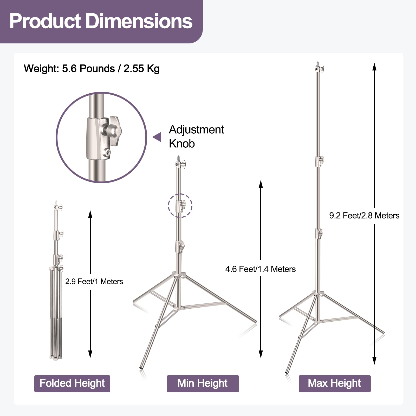 Emart 9.2Ft/2.8M Stainless Steel Light Stand, Spring Cushioned Heavy Duty Photography Tripod Stand With 1/4'' To 3/8'' Universal