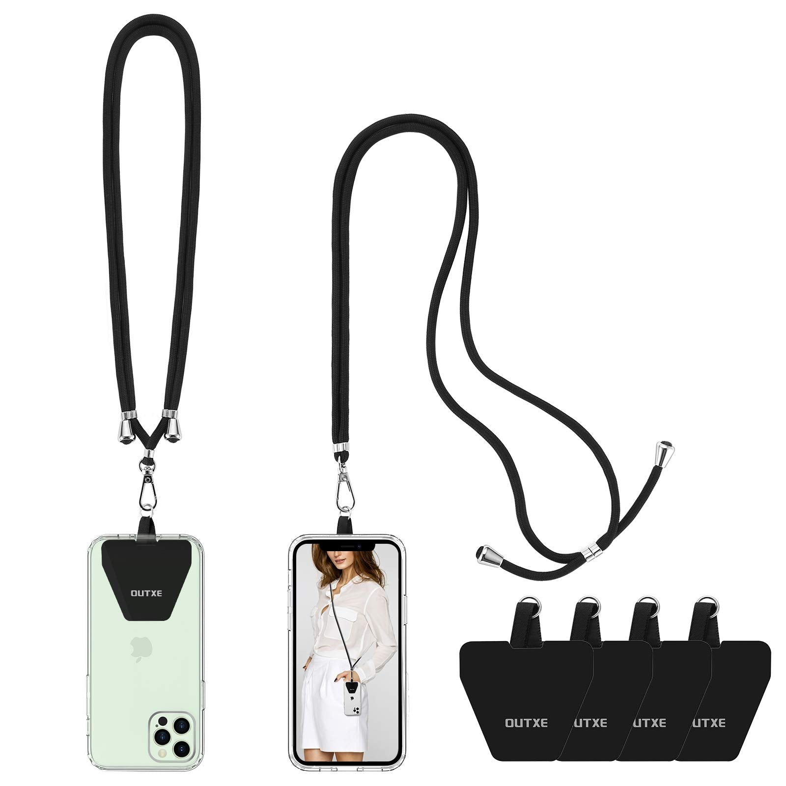 OUTXE Universal Phone Lanyard 2 Packs  2 Adjustable Neck Strap, 4 Phone Patches Black
