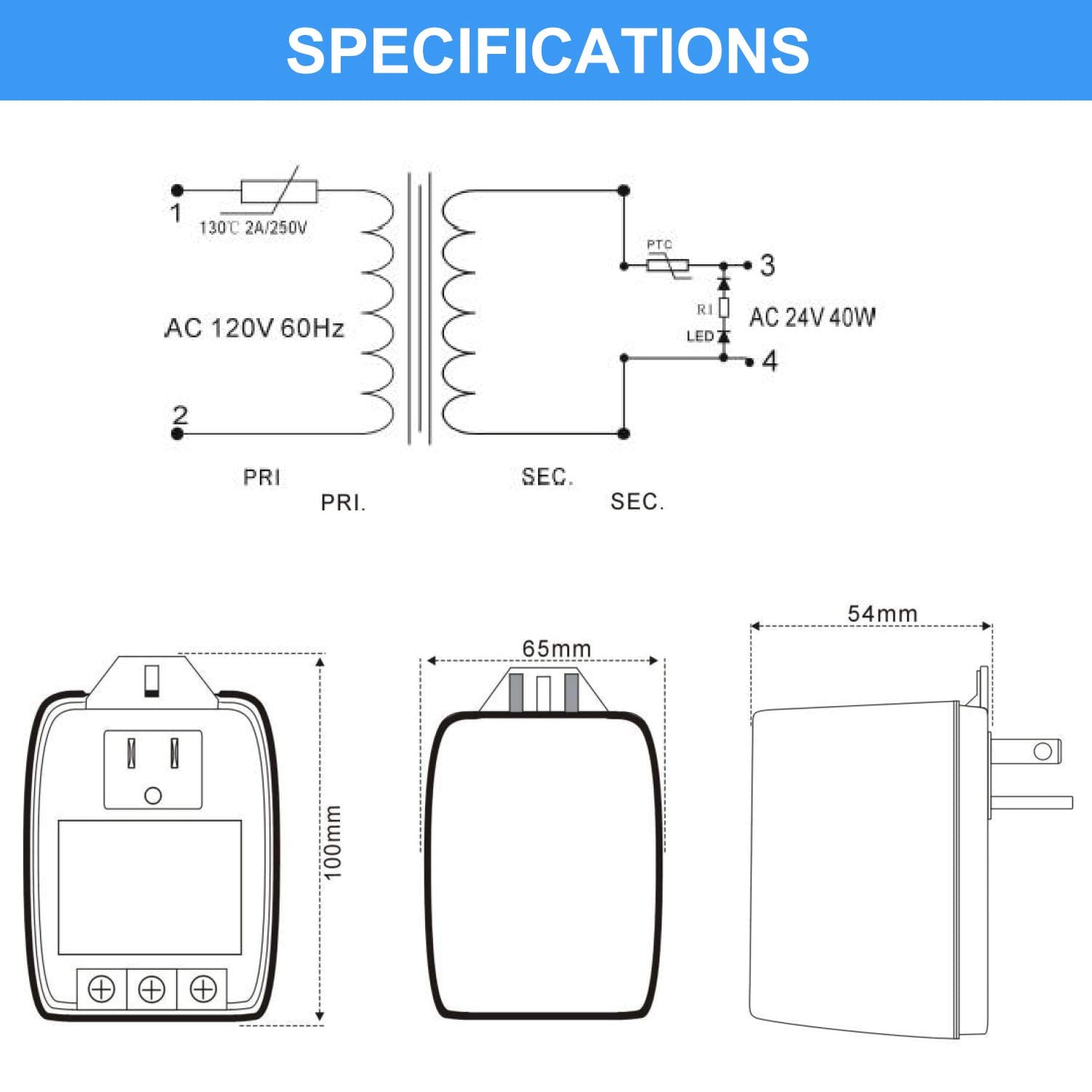 Hotop 1 Pack 24 Volt Transformer, 40 Va Ac Transformer Plug In With Ptc Fuse Competible With All Versions Of Ring Doorbell And T