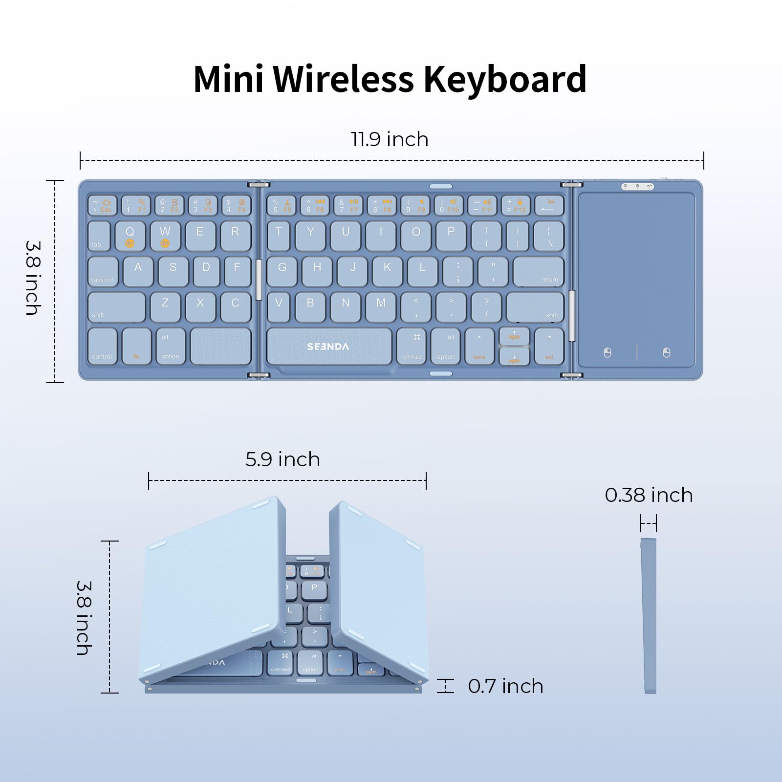 Seenda Foldable Bluetooth Keyboard For Travel, Tri Folding Wireless Rechargeable Multi Device Portable Keyboard With Touchpad, For Laptop Ipad Tablet Pc Smartphone Windows Ios Android, Blue