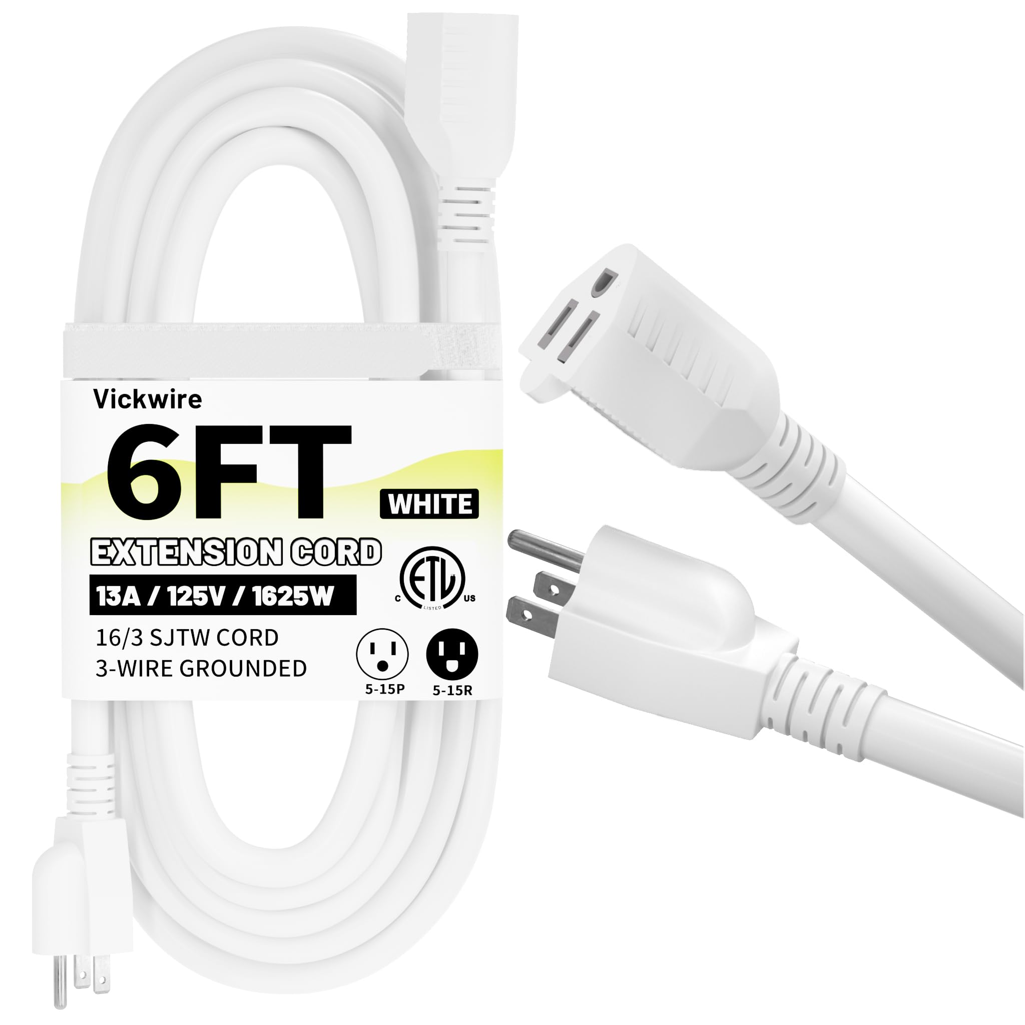 16/3 White Indoor Outdoor Extension Cord 6 Ft Waterproof, Heavy Duty Extension Cord With 3 Prong Grounded Plug,13A 1625W 16Awg S