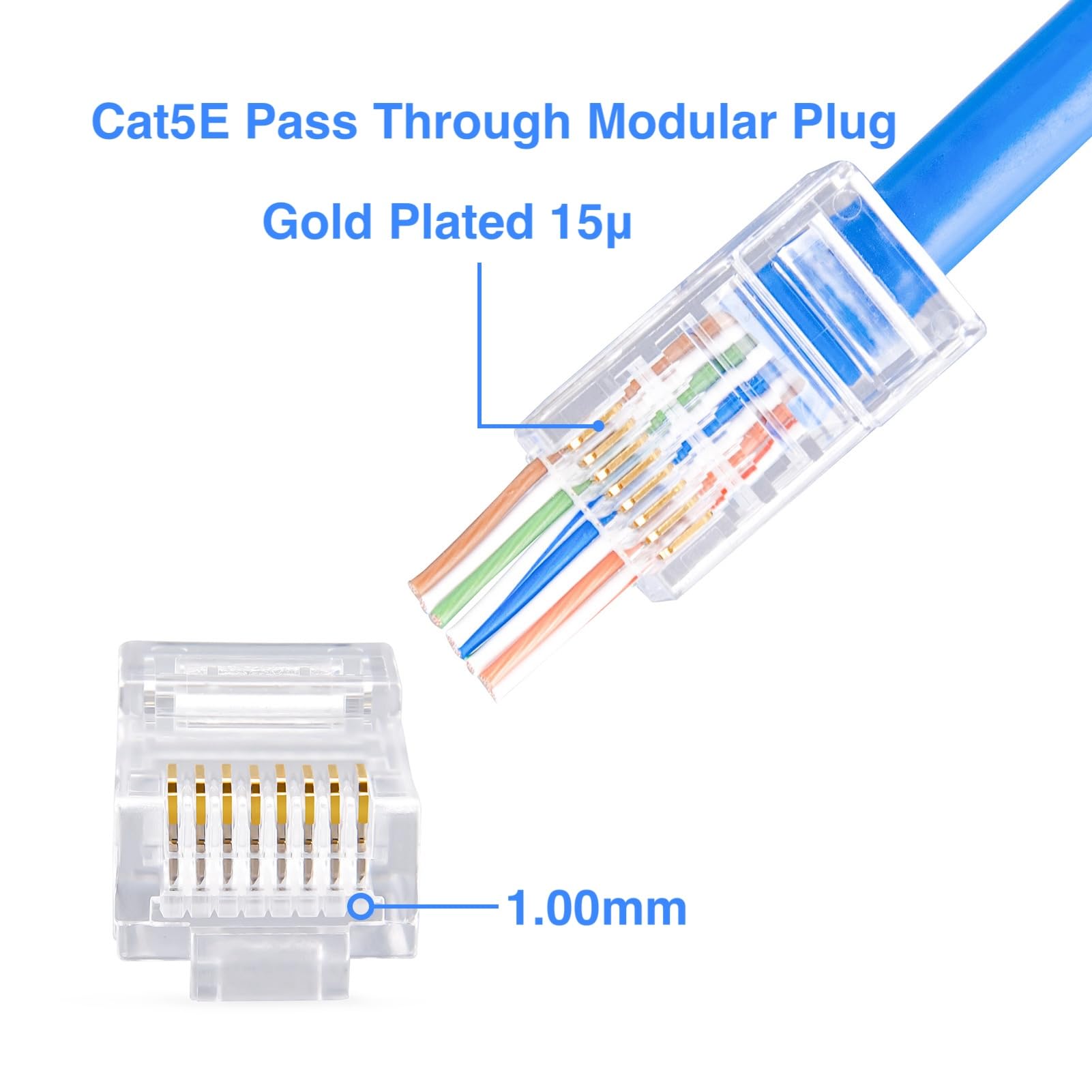 W Nectoun Cat5E Pass Through Rj45 Connectors,100 Pack Cat5 Ends/Cat 5 Connector/Cat 5E Rj45 Modular Plugs(3 Prong Gold Plated 15?),Utp Network Plug For Solid Strand Cable