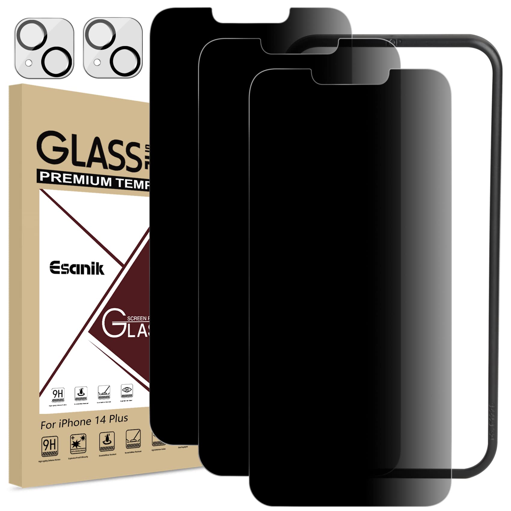 Esanik [3+2 Pack] Privacy Screen Protector For Iphone 14 Plus 6.7'' Anti Spy Tempered Glass + Camera Lens Protector, Installatio