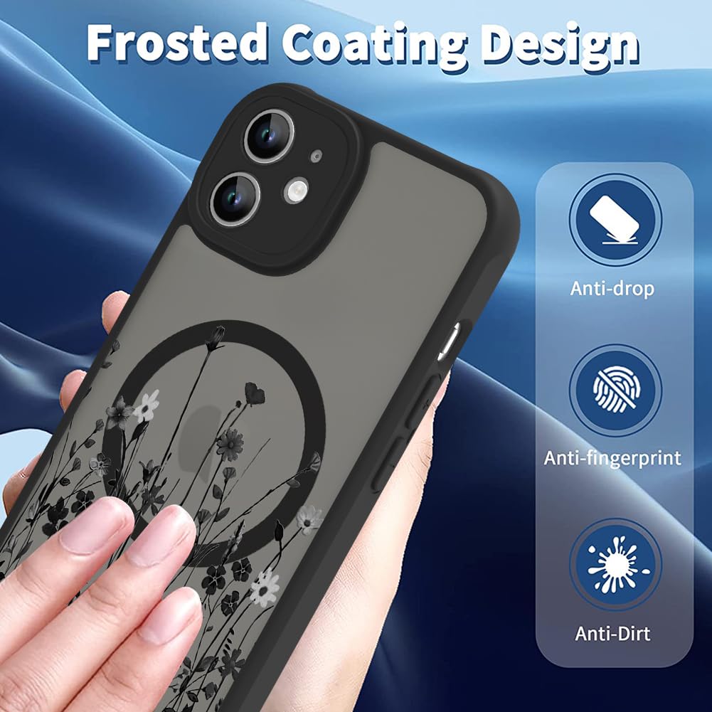 Ook Magnetic For Iphone 11 Case [Compatible With Magsafe] Black Wild Flower Slim Translucent Matte Case For Iphone 11 Case Camer