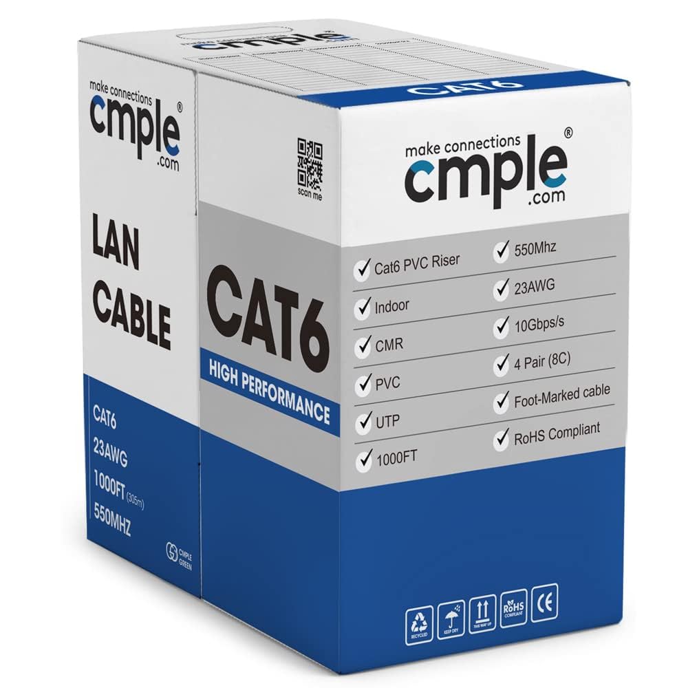 Cmple   Cat6 Cable 1000Ft Bulk Lan Ethernet Cat 6 Wire Network Utp 23Awg Cmr Riser 10Gbps 550 Mhz Pull Box 1000 Feet   Orange