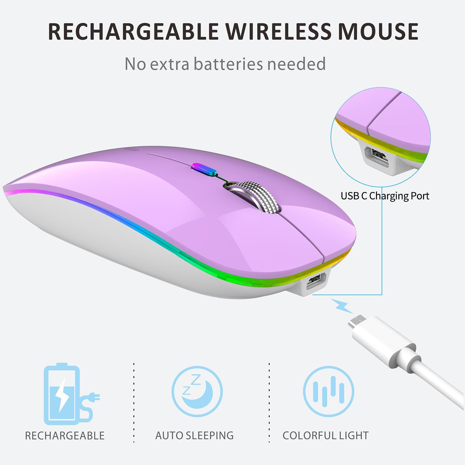Uiosmuph Led Wireless Mouse, G12 Slim Rechargeable Wireless Silent Mouse, 2.4G Portable Optical Computer Mice With Usb Receiver