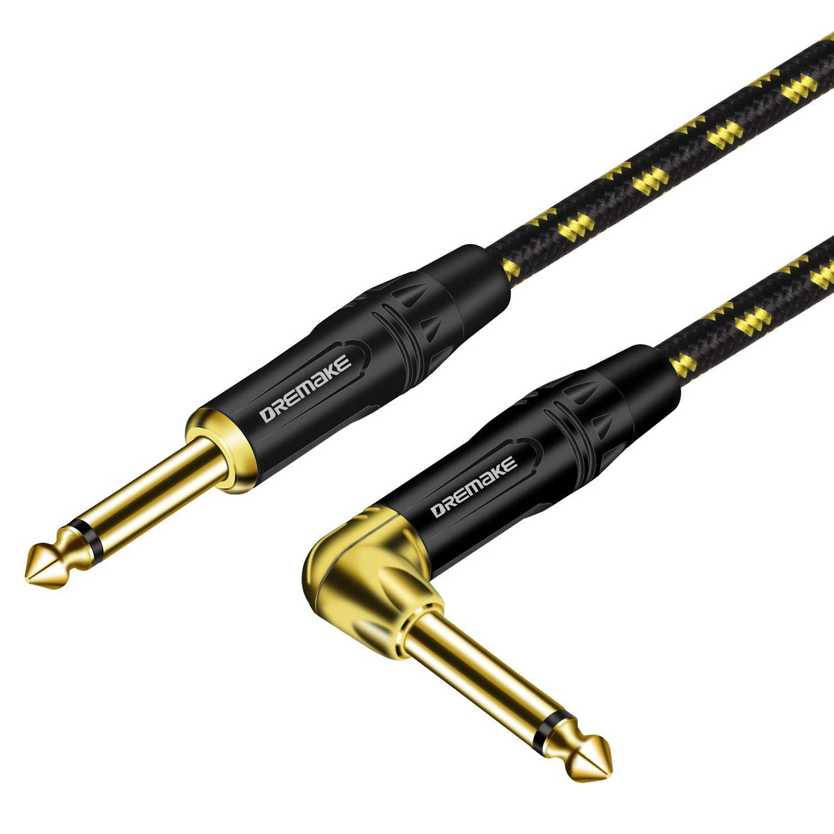 Dremake 1/4 Guitar Amp Straight To Right Angel Patch Cord, 10 Feet Quarter Inch Cable Black/Yellow Braided Tweed, Jack 6.35Mm 1/