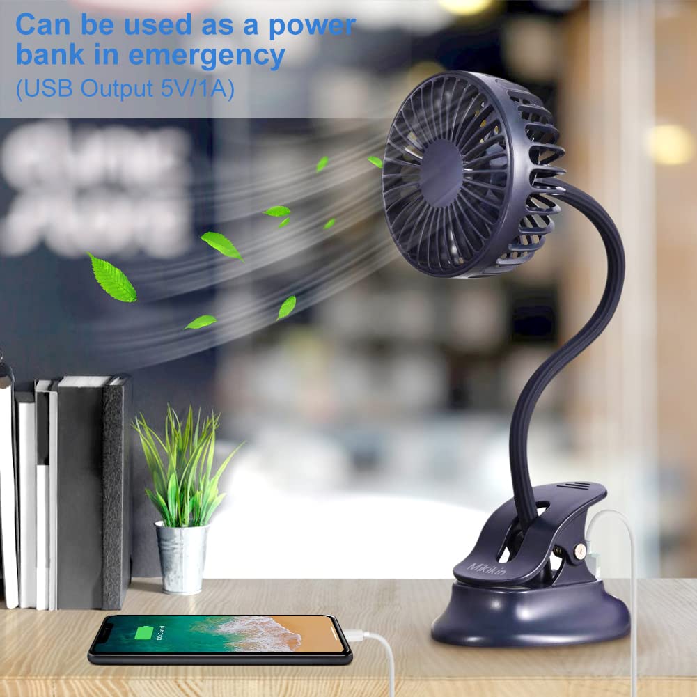 Mikikin Clip On Small Mini Fan, Portable Usb Battery Operated Rechargeable Quiet Personal Desk/ Baby Stroller Fan 3 Speeds Flexi