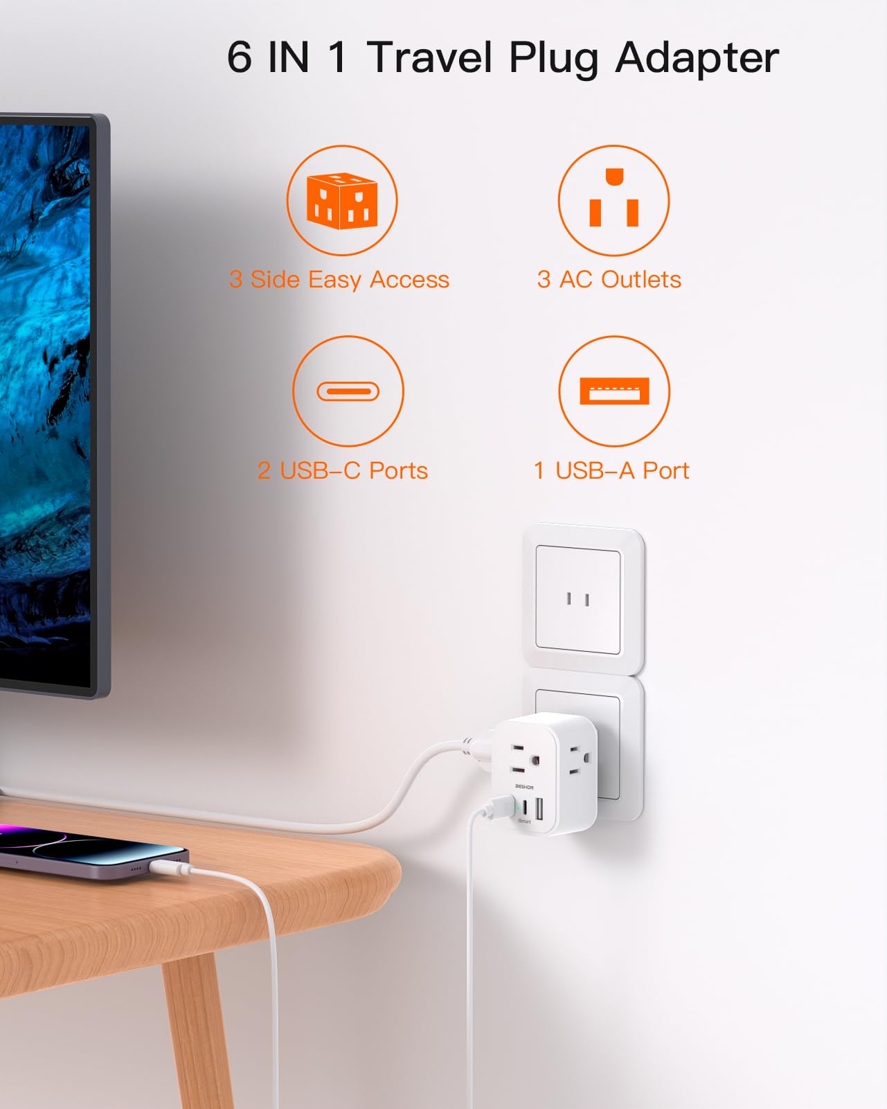 ?2 Pack? Us To Japan Plug Adapter, Type A Travel Power With 3 Outlets, 3 Usb Ports (2 Usb C), 6 In 1 Travel Power Plug Adaptor F