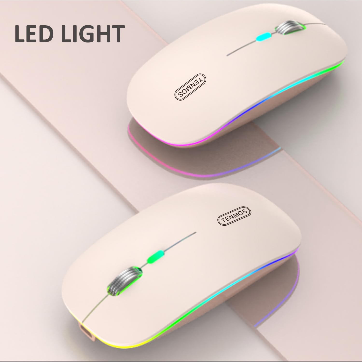Tenmos Wireless Bluetooth Mouse, Led Slim (Bluetooth 5.1 + Usb) 2.4Ghz Rechargeable Silent Bluetooth Wireless Mouse With Type C Adapter For Laptop/Macbook/Ipad Os 13 And Above   Light Pink