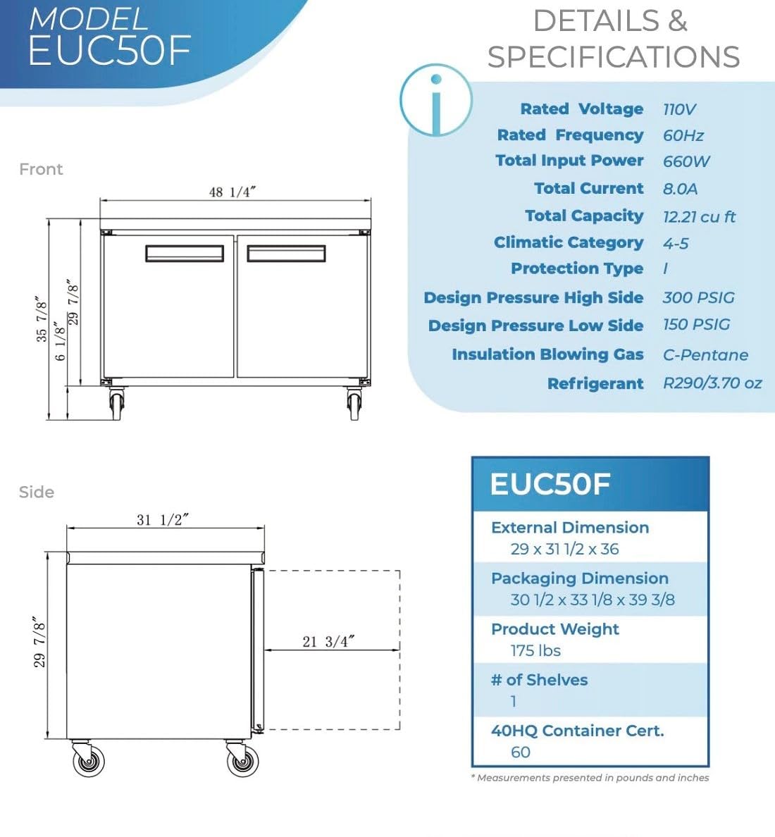Commercial Undercounter Freezer, Etl 2-Door Upright, 48.125 W 12.2 Cu. Ft. Auto-Defrost, Stainless Steel Restaurant Cd-48Ucf-2