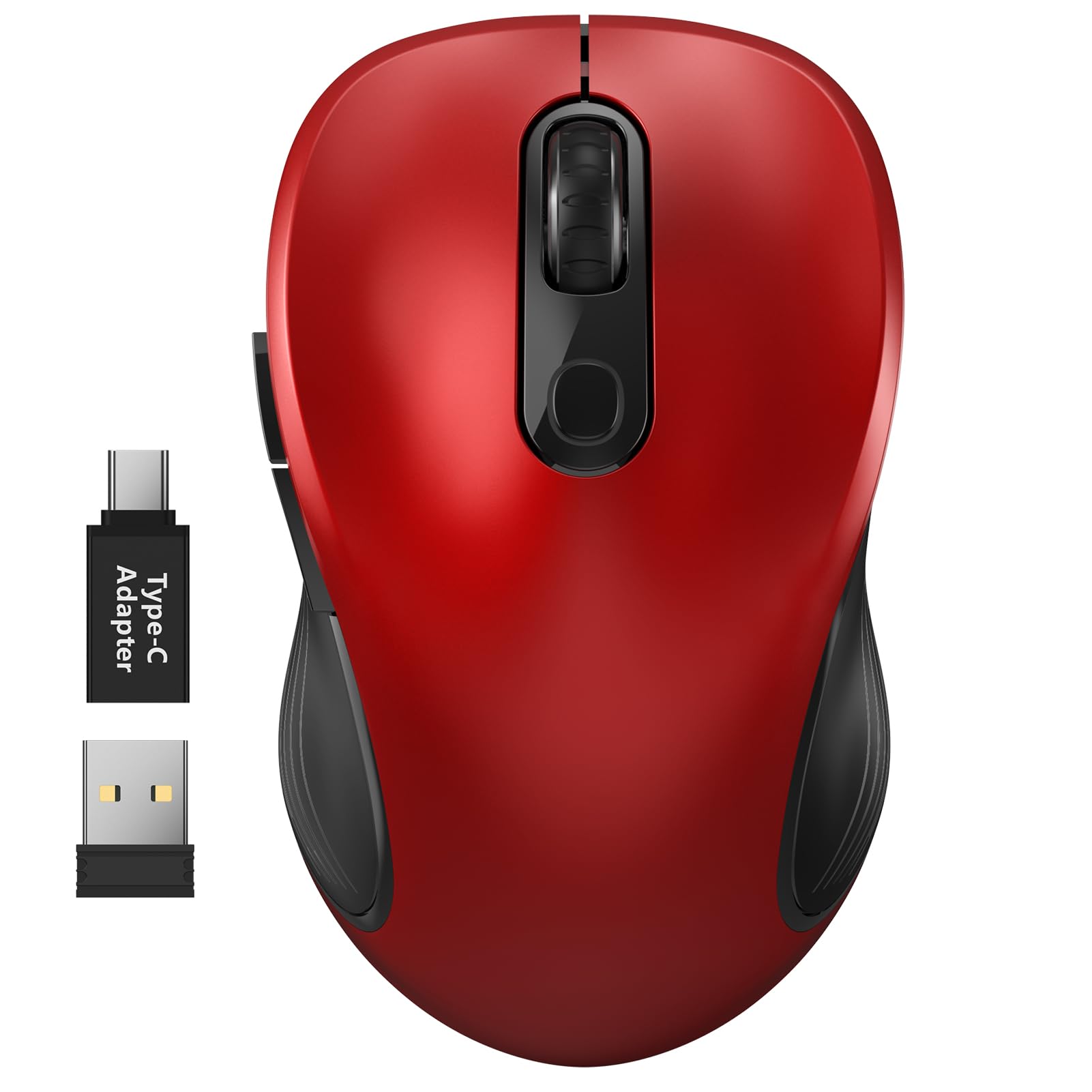 Wisfox 2.4G Wireless Mouse For Laptop, Ergonomic Computer Mouse With Usb Receiver And Type C Adapter, 6 Button Cordless Mouse Wireless Mice For Windows Mac Pc Notebook (Red)