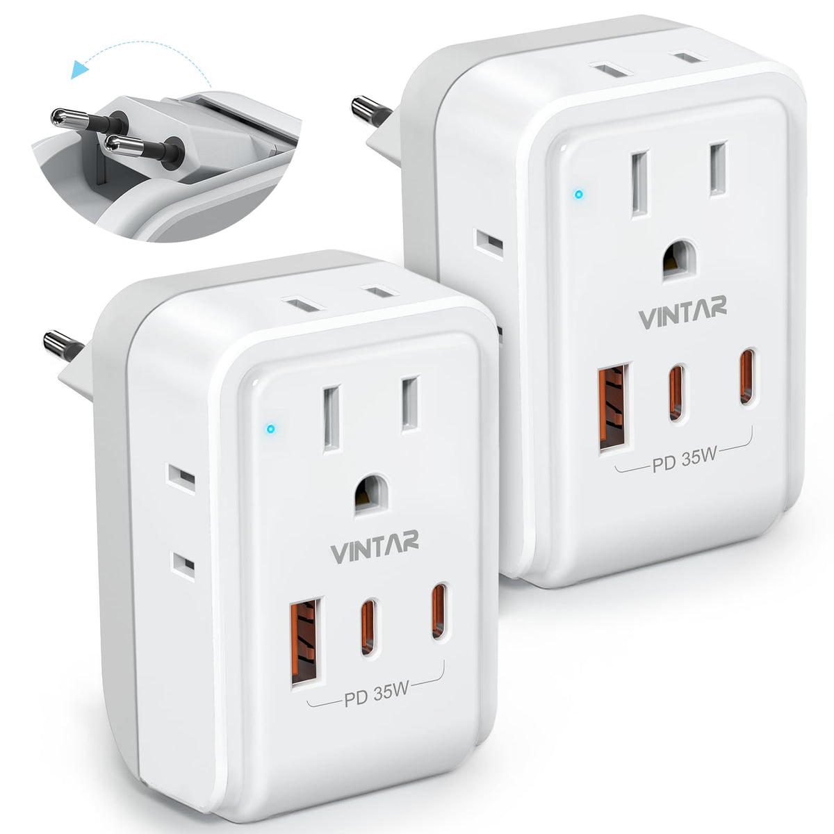 2 Pack European Travel Plug Adapter, Vintar Pd 35W Foldable Type C Adapter With 4 Ac Outlets 3 Usb Ports(2 Usb C), Travel Essent