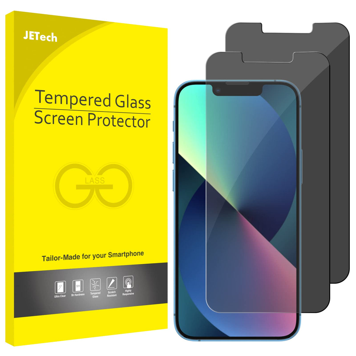 Jetech Privacy Screen Protector For Iphone 13/13 Pro 6.1 Inch, Anti Spy Tempered Glass Film, 2 Pack