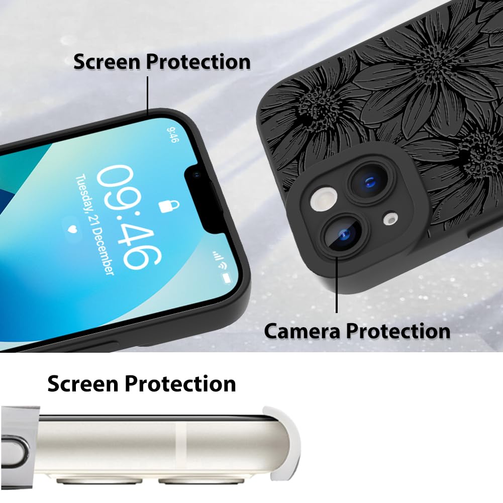 Mzelq For Iphone 13 Case, Silicone Black Floral Flowers Sunflowers Cute Pattern, Camera Protection Soft Slim Phone Case For Ipho