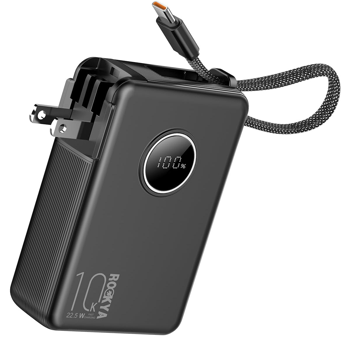 ROCKYA Portable Charger 10000mAh with Built-in Cables, LED Display, AC ...