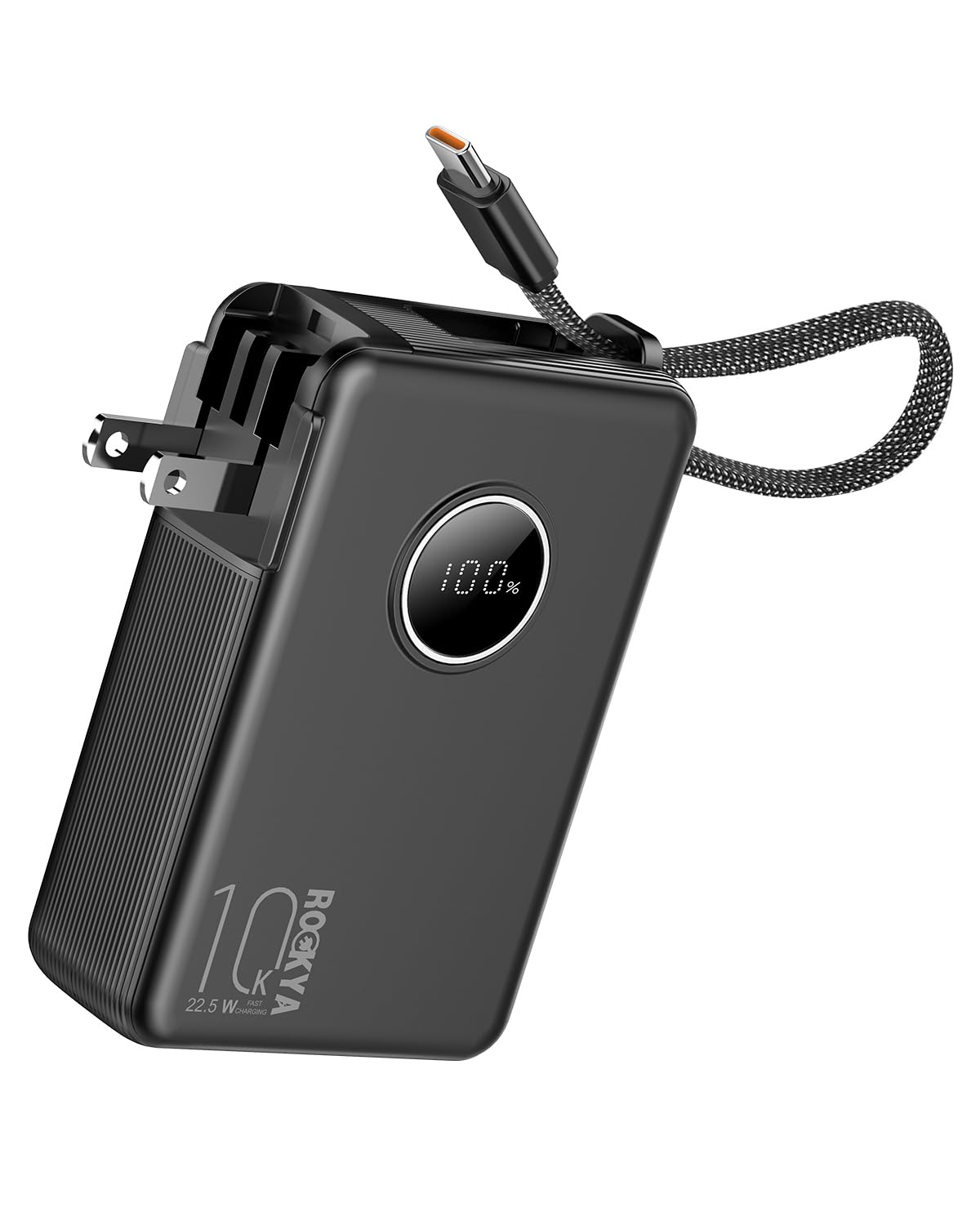 ROCKYA Portable Charger with Built-in Cables,LED Display and AC Wall Plug,USB C PD 22.5W Fast Charging Power Bank,Travel Essenti