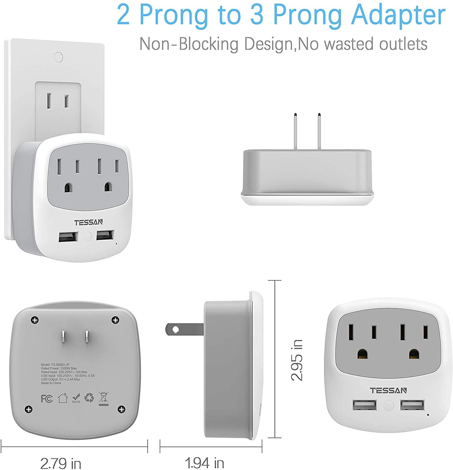 Tessan Us To Japan Plug Adapter, 2 Prong To 3 Prong Outlet Adapter With Two Ac Outlets 2 Usb Ports, Travel Power Adaptor For Usa