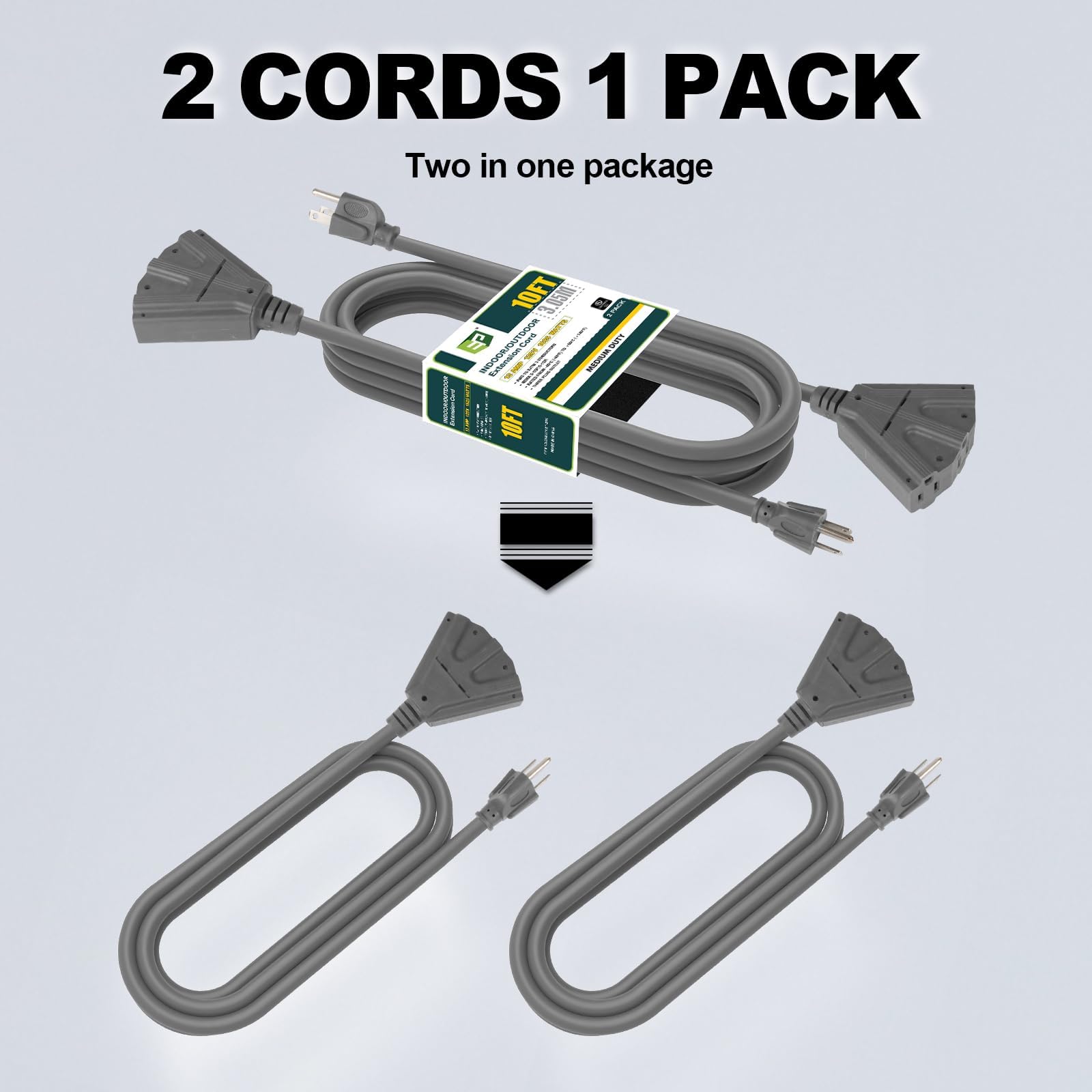Ep 2 Pack 10 Ft Outdoor Extension Cord With 3 Electrical Power Outlets   16/3 Sjtw Grey Cable With 3 Prong Grounded Plug For Saf