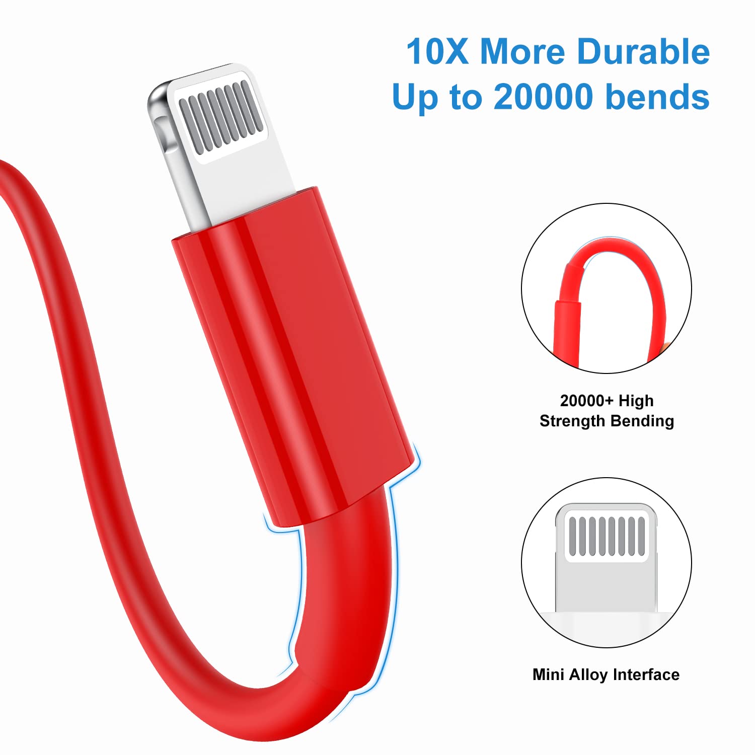 QZIIW MFi Certified iPhone Charger Cable 10 ft 3-Pack USB to Lightning Fast Charging Cord Red