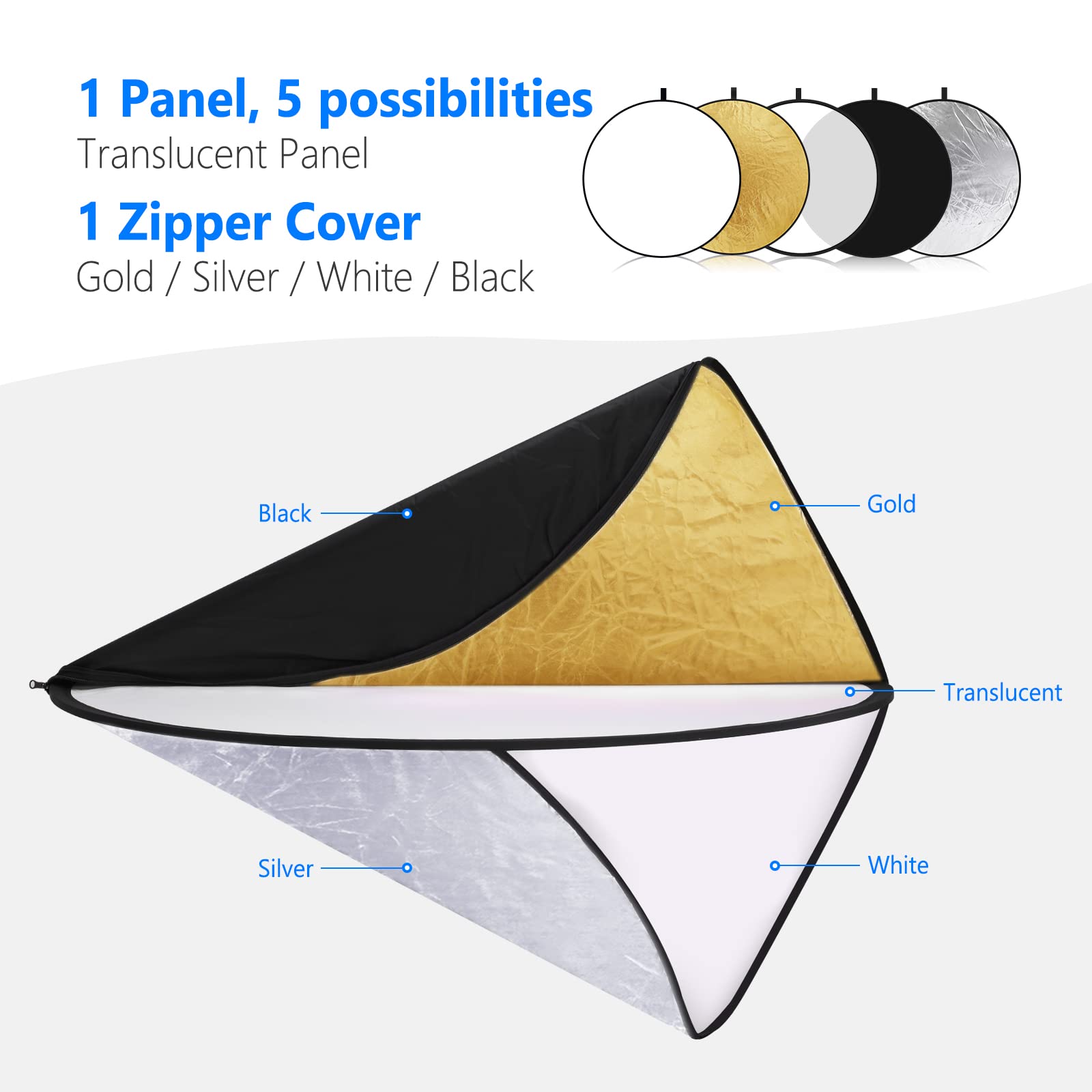Neewer 32 Inch/80 Centimeter Light Reflector Light Diffuser 5 In 1 Collapsible Multi Disc With Bag   Translucent, Silver, Gold,