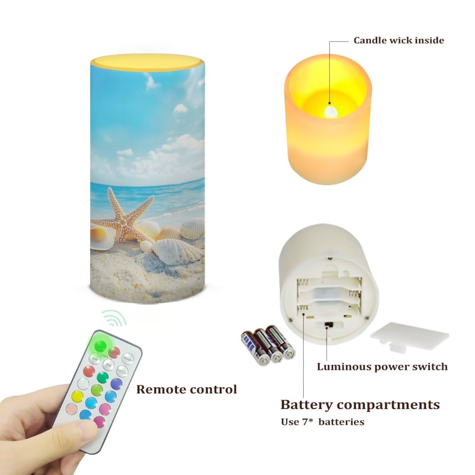 Poceacles Beach Starfish Seashell Blue Sky Led Flameless Candles Battery Operated Candles With Remote Control Timer Flickering W
