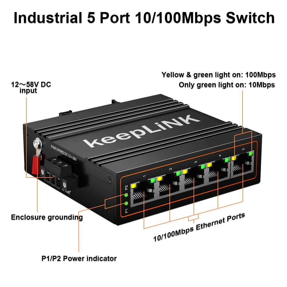 Keeplink 5 Port Industrial Ethernet Switch, Unmanaged 10/100Mbps Din Rail Network Switch, Ip40, Operating Temperature Range Of