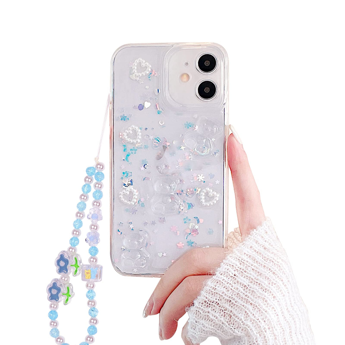 Fycyko Compatible For Iphone 12 Case With Phone Charm/Chain Strap,Cute 3D Bear Glitter Bling Clear Design For Iphone 12 Case Wom