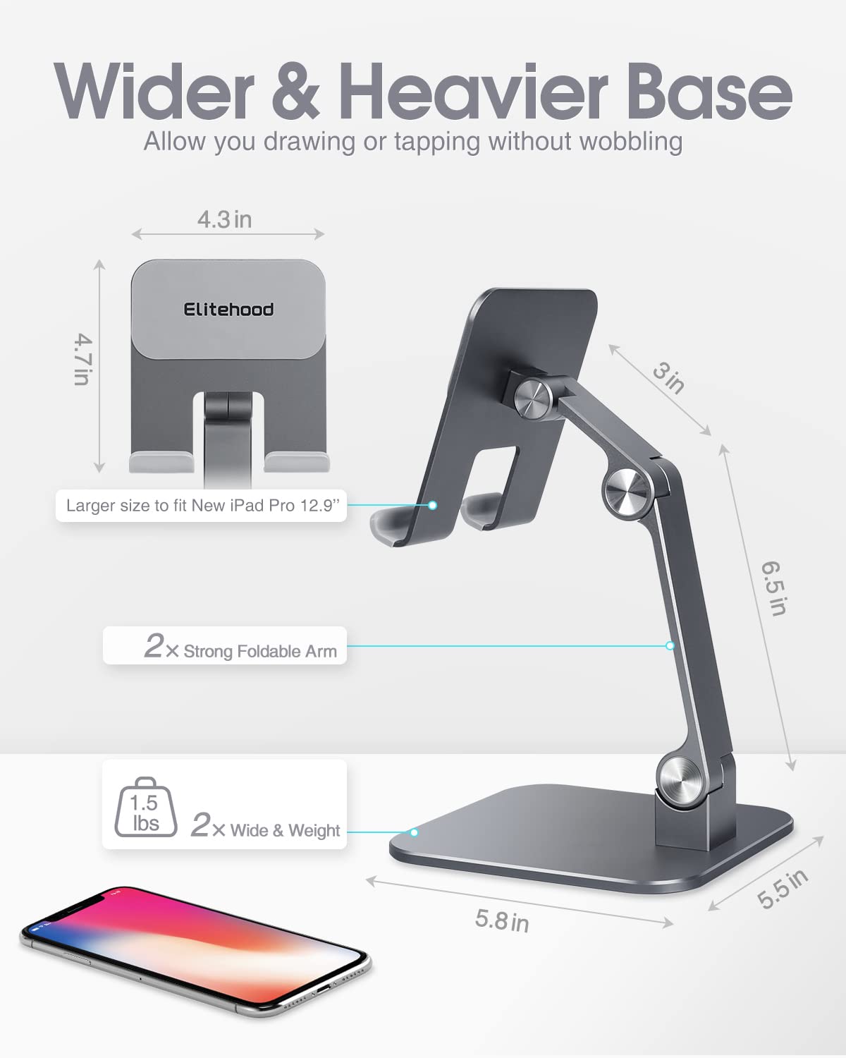 Elitehood Aluminum Ipad Stand, Adjustable Ipad Stand Holder For Desk, Desktop Tablet Stand Dock For Ipad Pro 12.9 11, Ipad Air Mini 4 5 And More 4 13 Inches Tablets, Gray