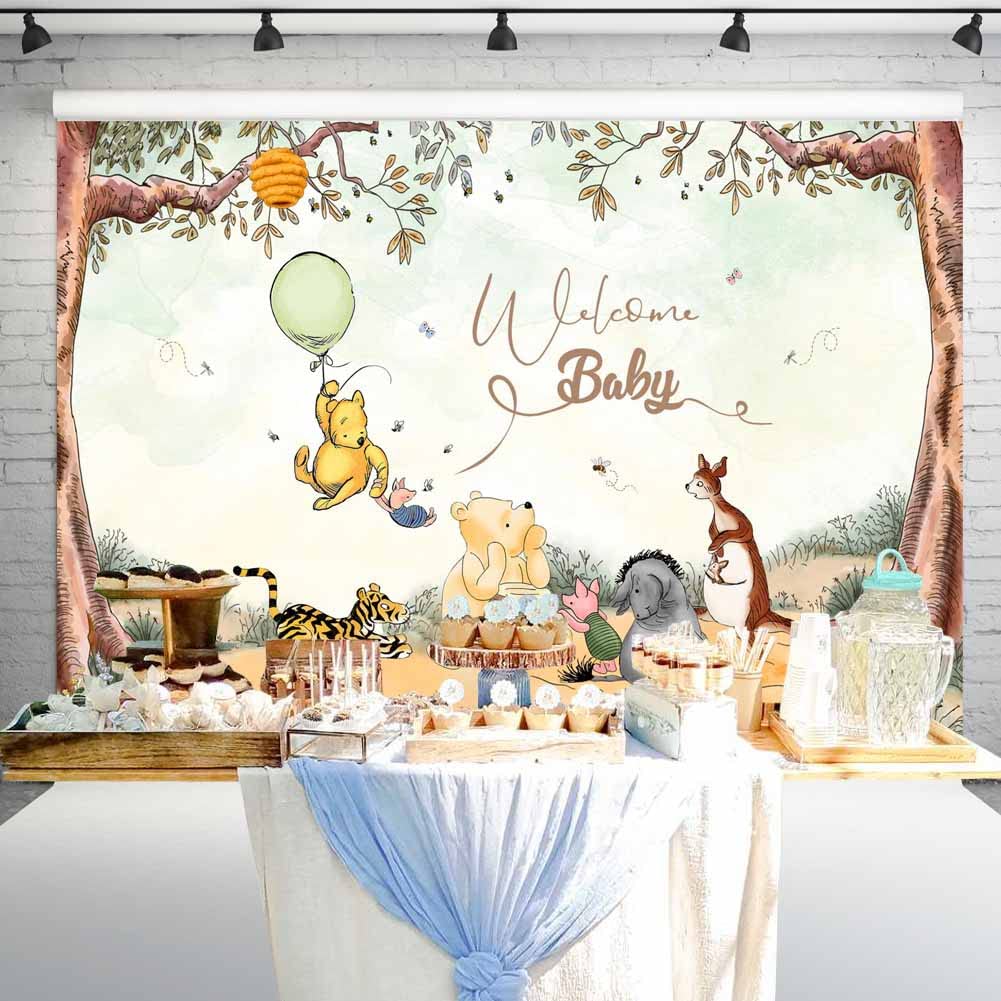 Welcome Baby Vintage Pooh Bear Baby Shower Backdrop Classic Winnie With Green Balloon Neutral Party Decorations Newborn Birthday