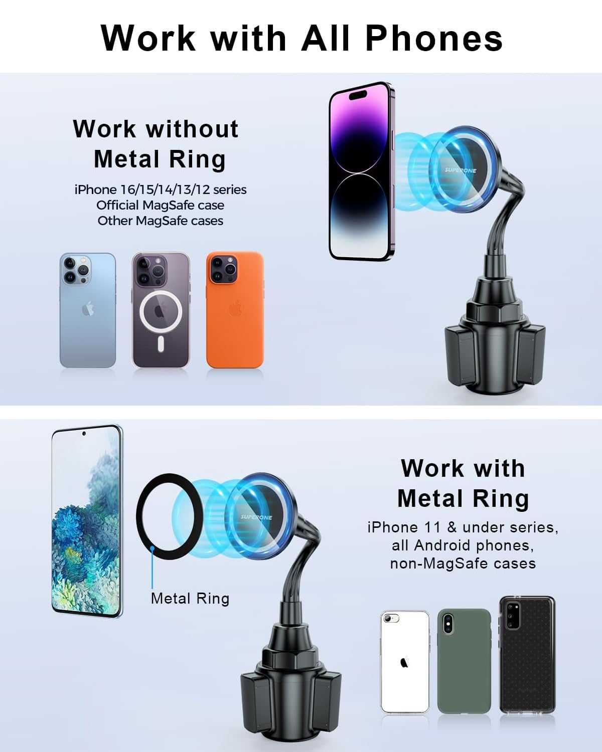 Superone For Magsafe Car Cup Holder Phone Mount, [20 Strongest Magnets] Adjustable Gooseneck Cup Phone Holder For Car Compatible