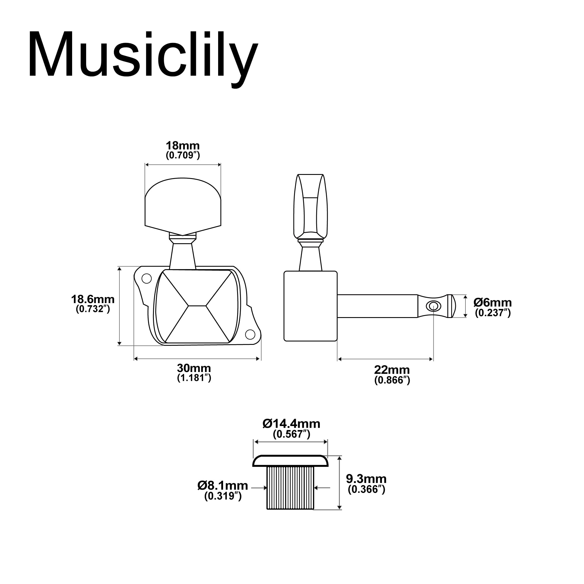 Musiclily 6 Inline Semi Sealed Electric Guitar Machine Heads 6R Tuning Pegs Keys Tuners Set For Fender Squier Strat Replacement,