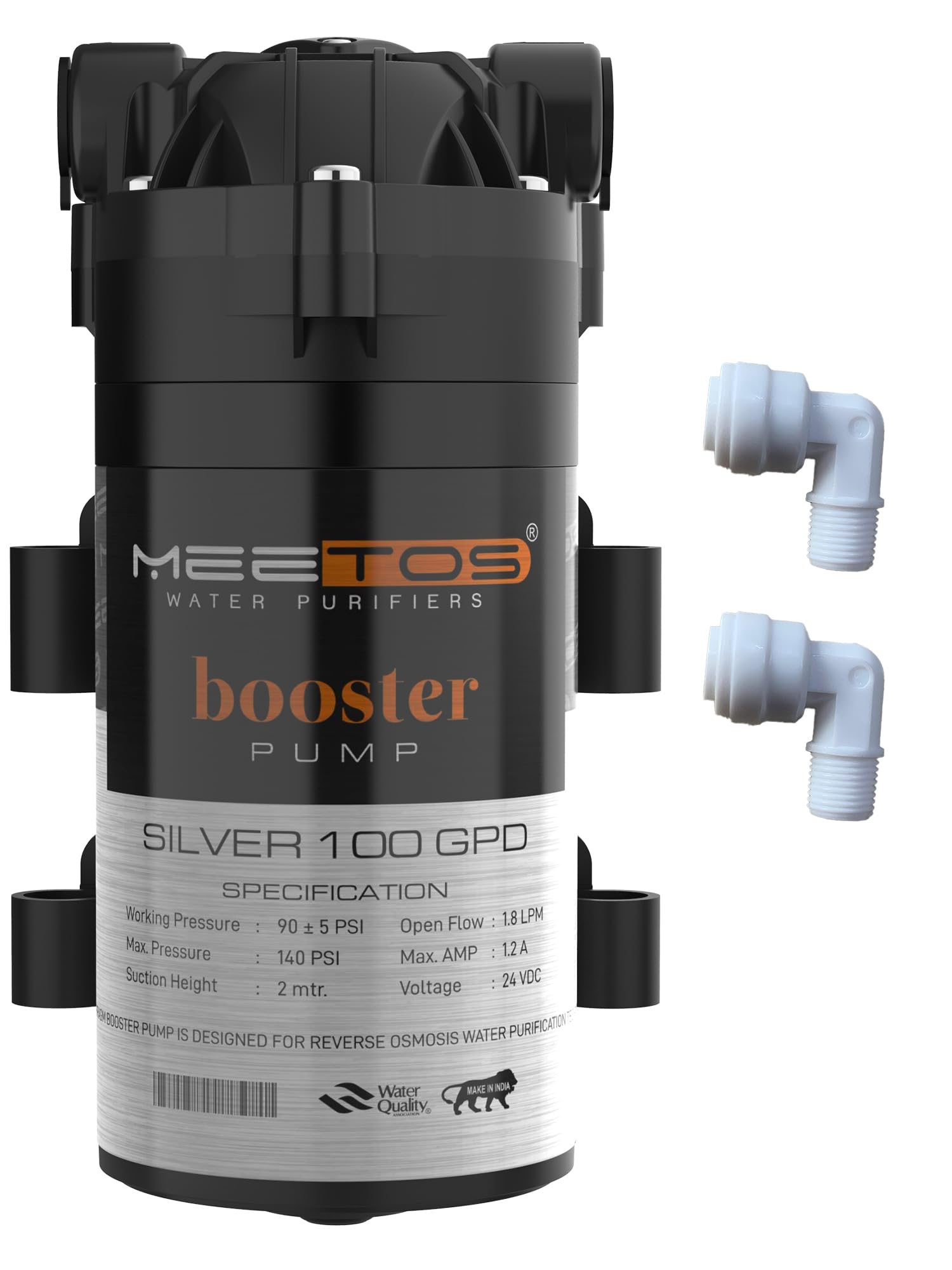 Meetos Silver Booster Pump 100 Gpd, Motor 100 Gpd With Elbow Compatible With All Types Of Water Purifier, Noiseless, Universal T
