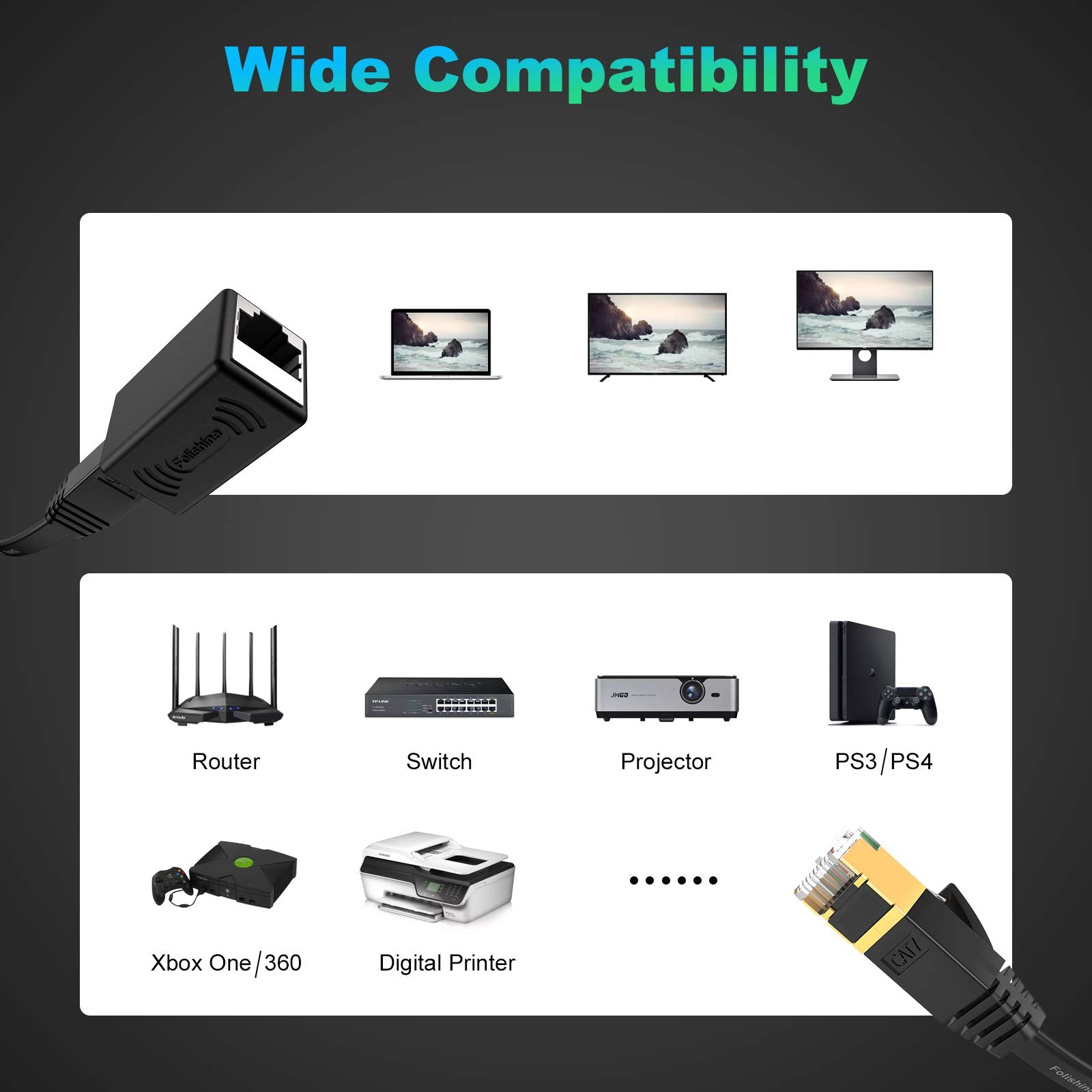 Cat 7 Ethernet Cable 50 Ft, High Speed Flat Internet Cable With Extension Coupler, Shielded Rj45 Network Cable For Ethernet Network Switch, Modem, Router, Printer Faster Than Cat6/Cat5E/Cat5 White