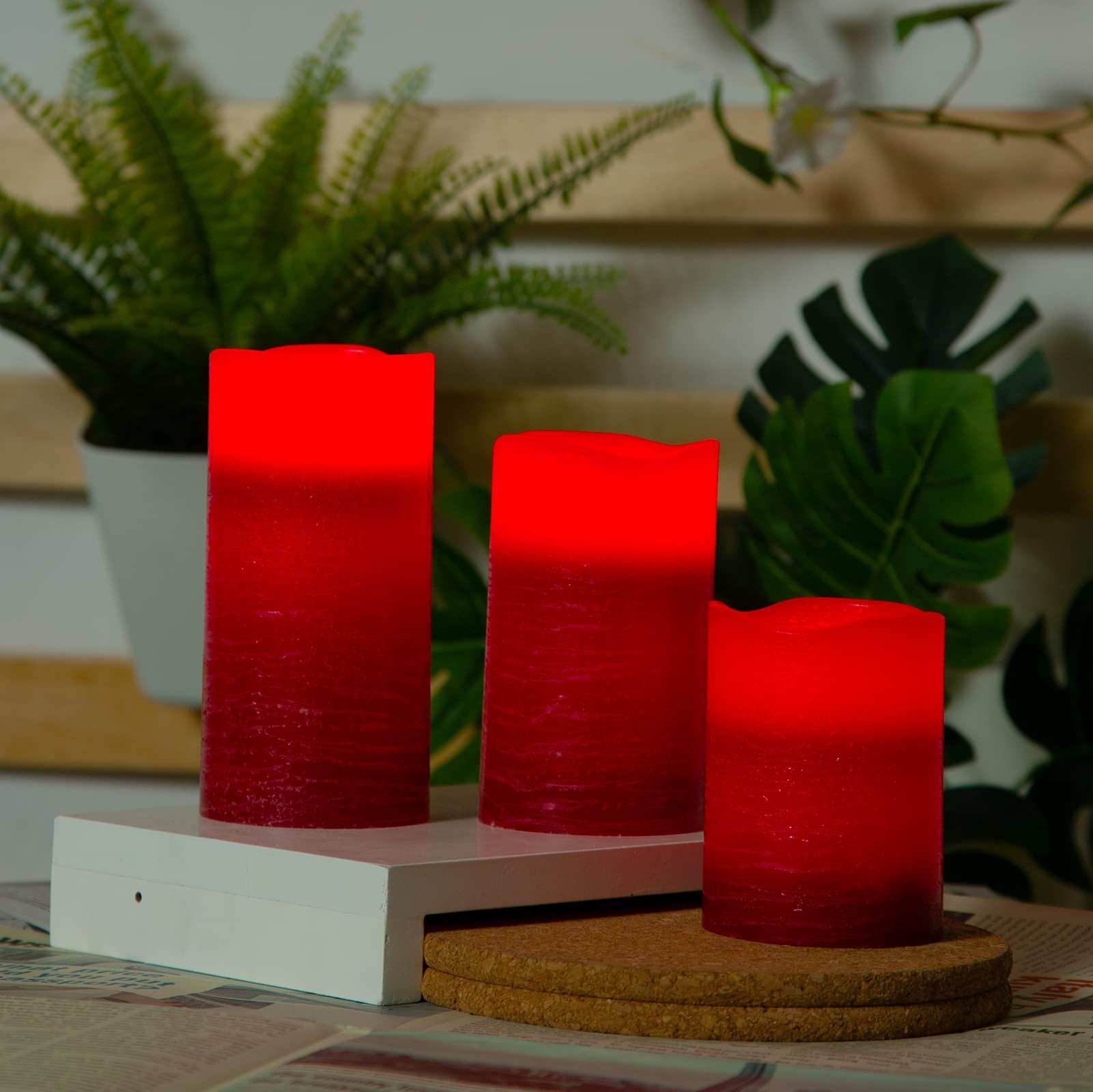 H-Blossom Red Flameless Candles Real Wax Led Pillar Candles Battery Operated With Cycling 5H Timer Set Of 3 (3 X 4/5/6) (Red)