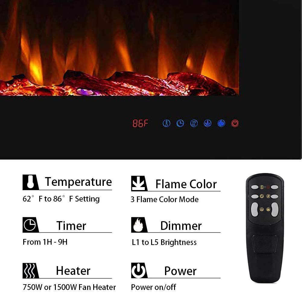 Masarflame 36 Recessed Electric Fireplace Insert, 5 Flame Settings, Log Set Or Crystal Options, Temperature Control By Touch Pan